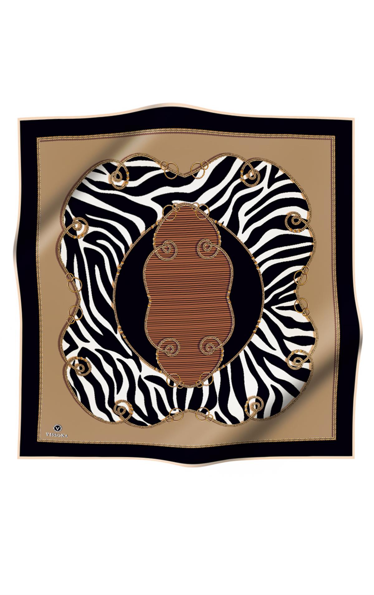 %100 Twill İpek Zincirli Ve Zebra Desenli Bej - Siyah Renkli 90x90 Eşarp Dikim Şekli : El Dikişi