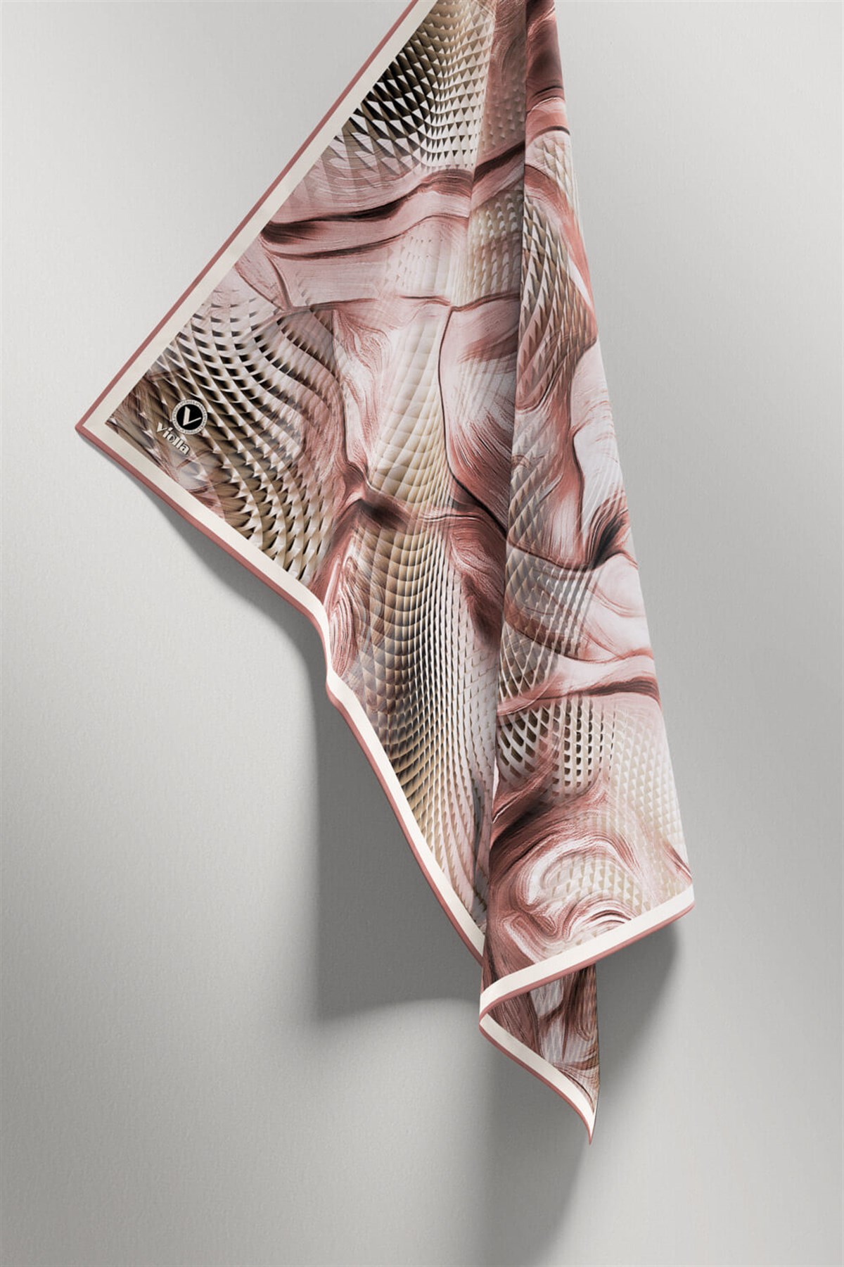 Twill Geometrik Ve Dalga Desenli Pudra Renkli 90x90 Eşarp (İpek İçermez) Dikim Şekli : El Dikişi