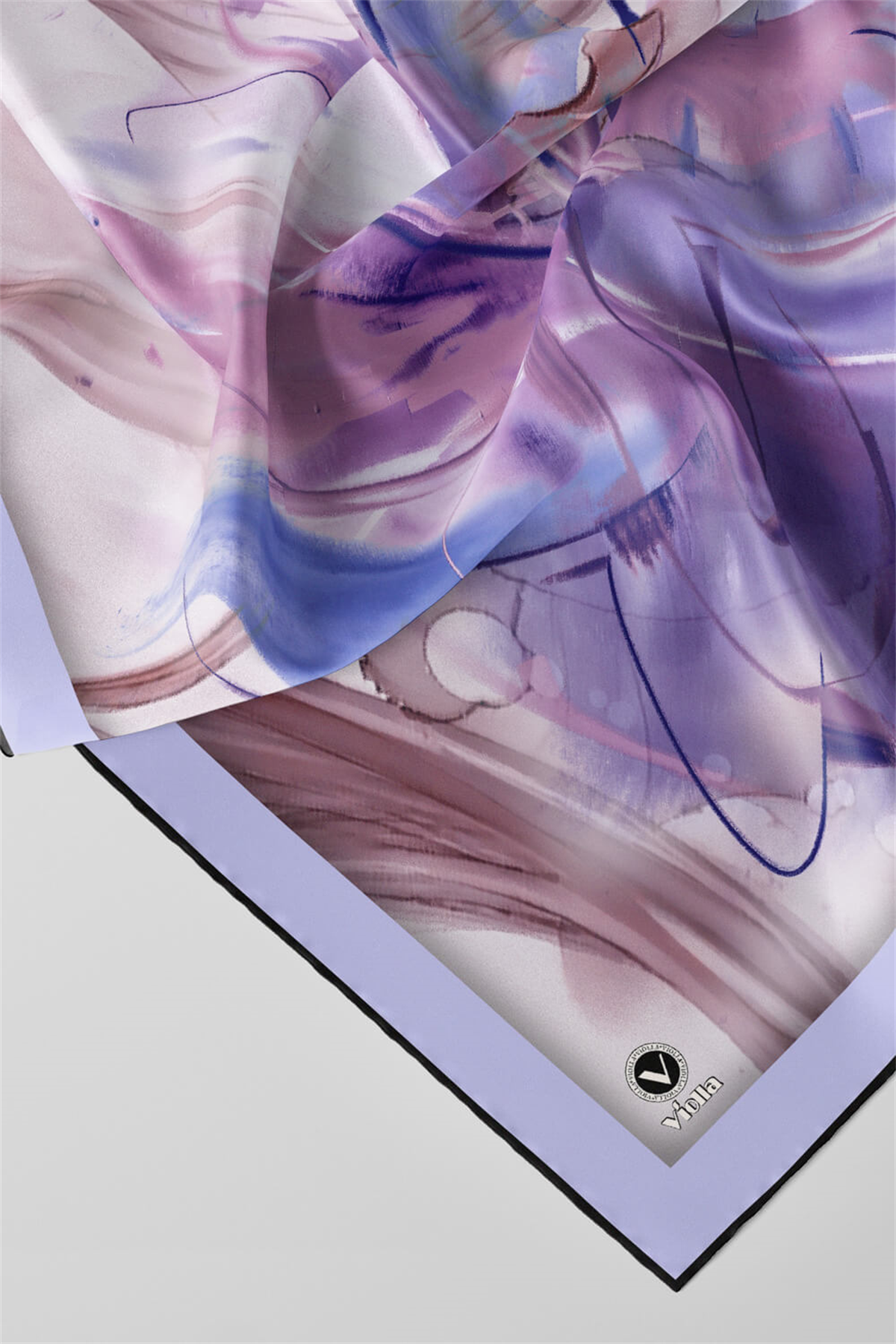 Twill Çiçek Tablo Desenli Lila Renkli 90x90 Eşarp (İpek İçermez) Kenar Dikiş Şekli El Dikişli
