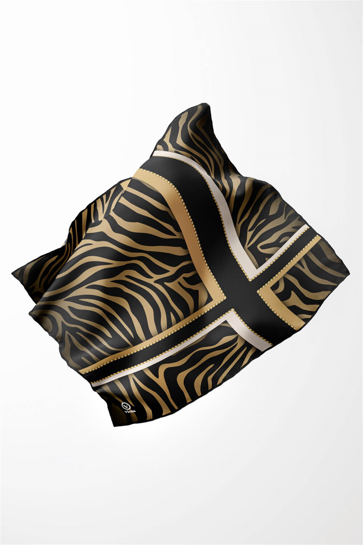 Twill Zebra Desenli Siyah - Gold Renkli 90x90 Eşarp (İpek İçermez) Dikim Şekli : El Dikişi