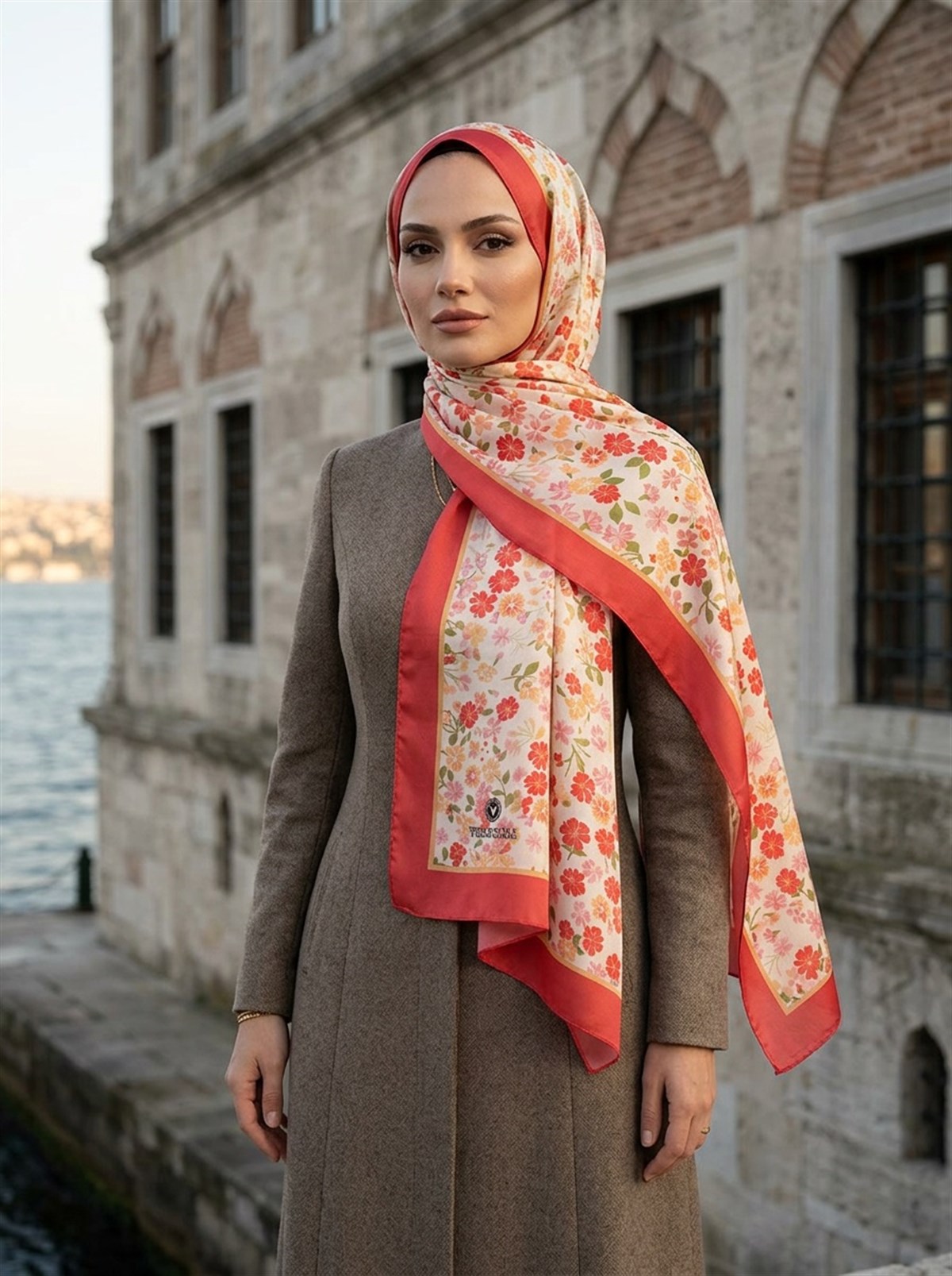 %100 Saf İpek Şal İnce Saten Vual Dokuma Çıtır Çiçek Desenli Kırmızı Renkli 90x210 Şal