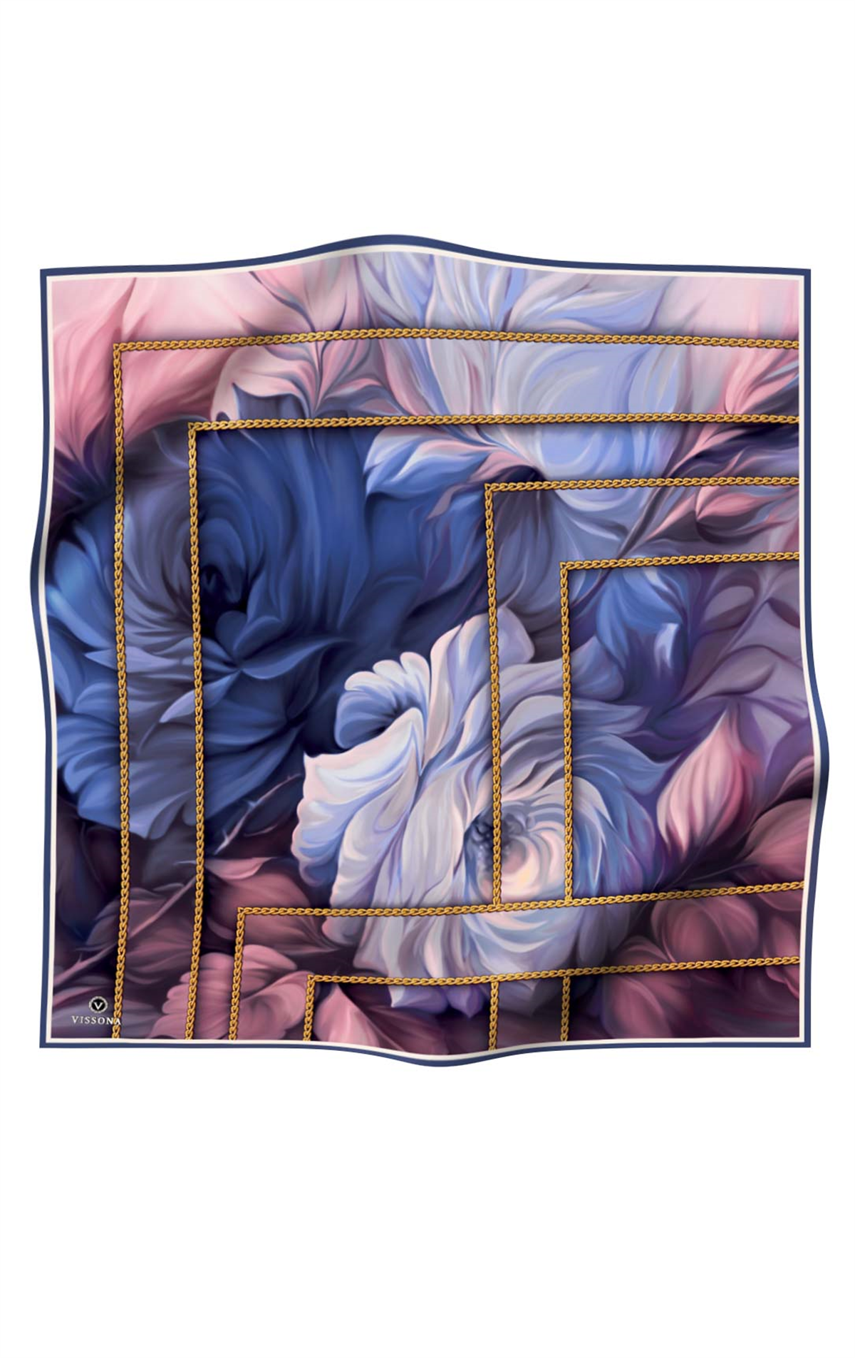 % 57 İPEK % 43 VİSKON Twill İpek Çiçek Geometrik Desenli indigo Renkli 90x90 Eşarp Dikim Şekli : El Dikişi