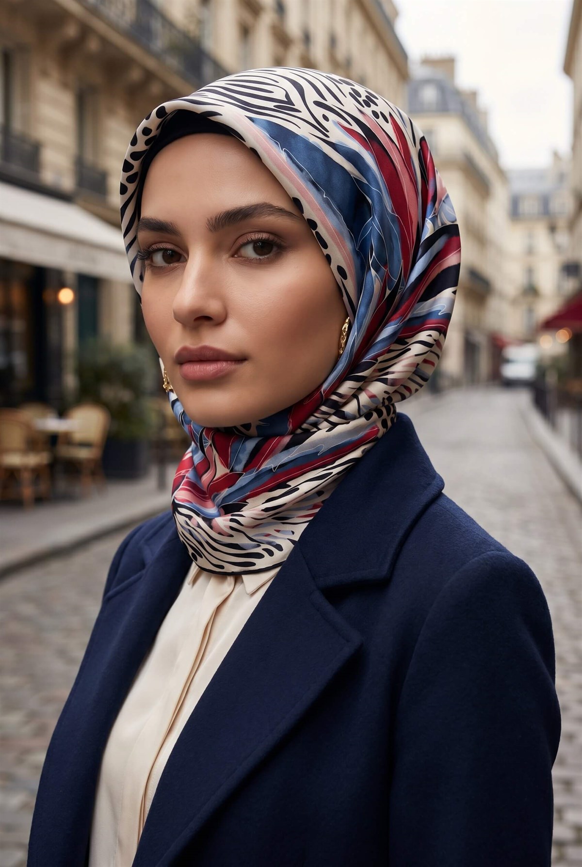 %100 Twill İpek Amazon Desenli Kırmızı- İndigo Renkli 90x90 Eşarp Kenar Dikiş Şekli El Dikişli