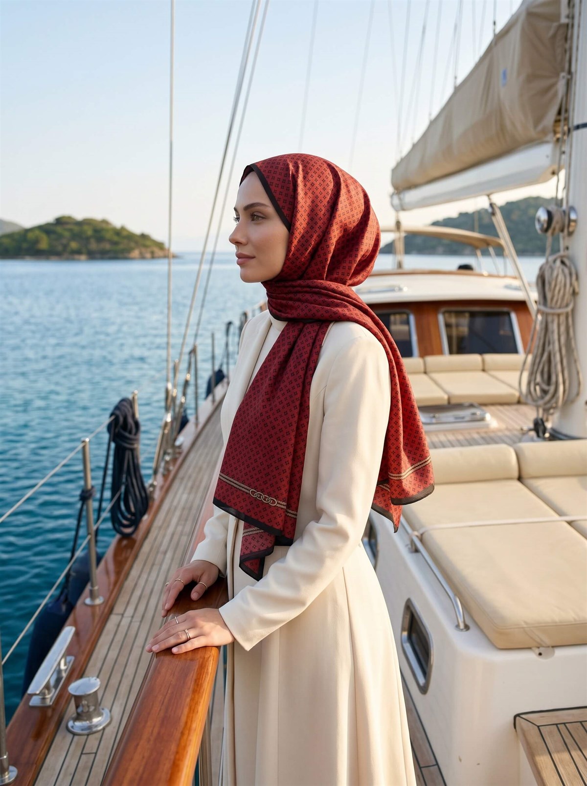 %100 Saf İpek Şal İnce Saten Vual Dokuma Zincir Desenli Kırmızı - Siyah Renkli 90x210 Şal