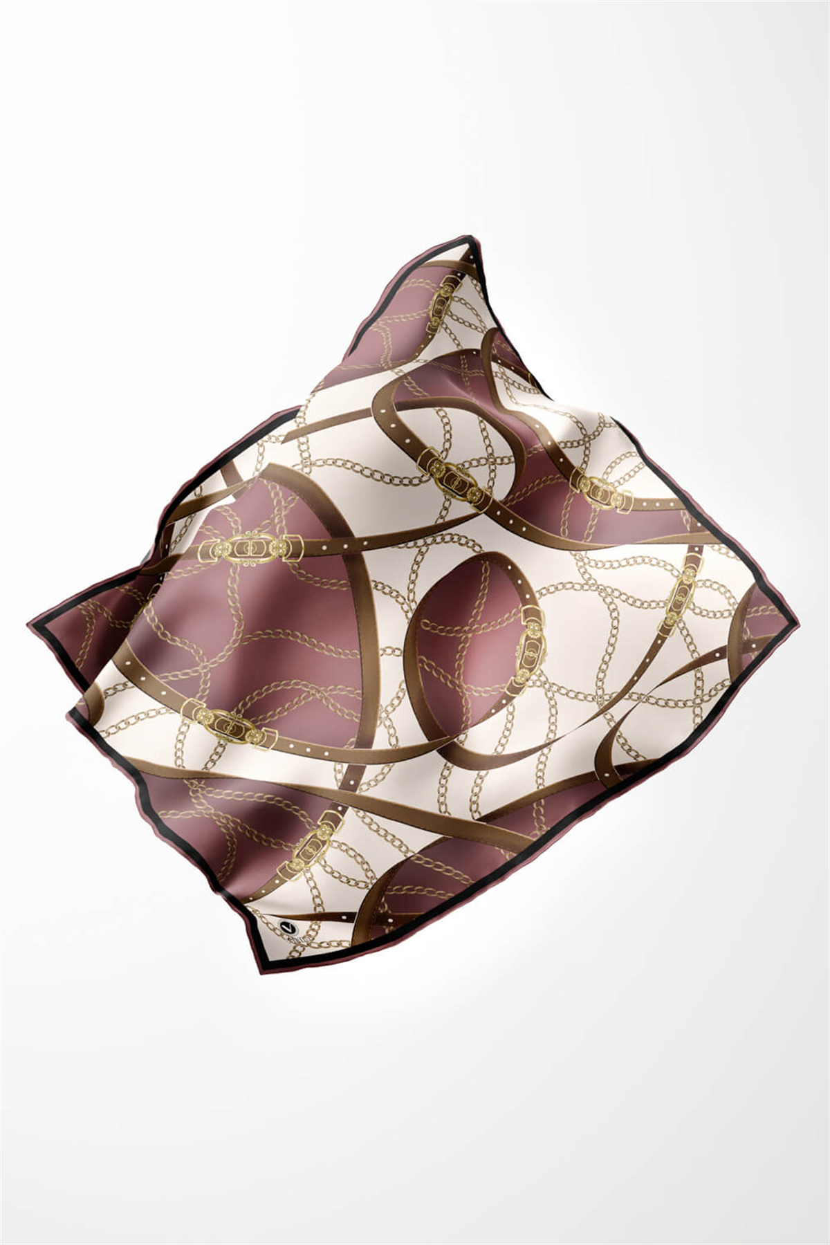 Twill Kemer ve Zincir Desenli Gül Kurusu Renkli 90x90 Eşarp (İpek İçermez) Kenar Dikiş Şekli El Dikişli