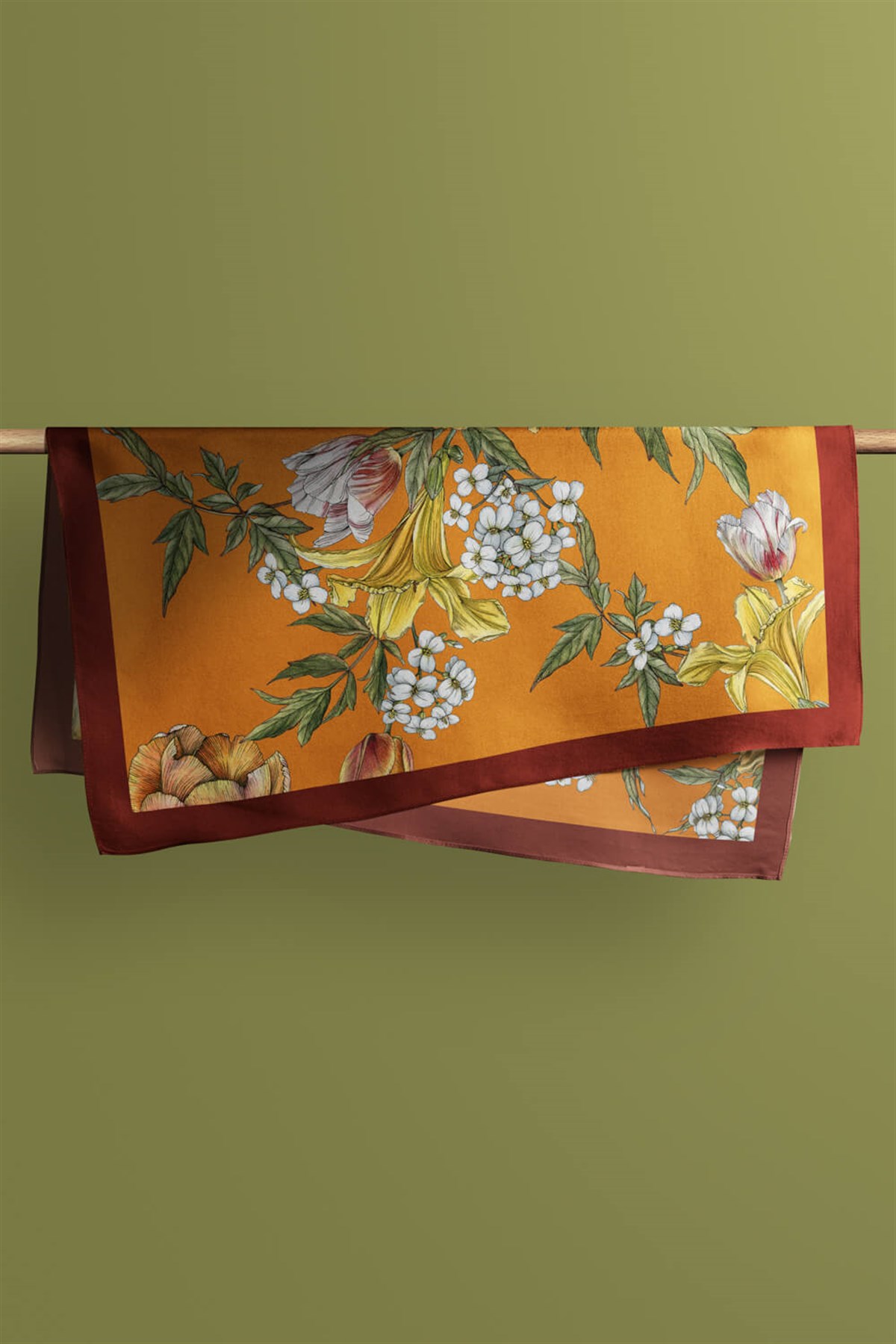 Violla Kadın Çiçek Desenli Bandana 50x50 Turuncu Sarı Beyaz DG0477-22 Snz
