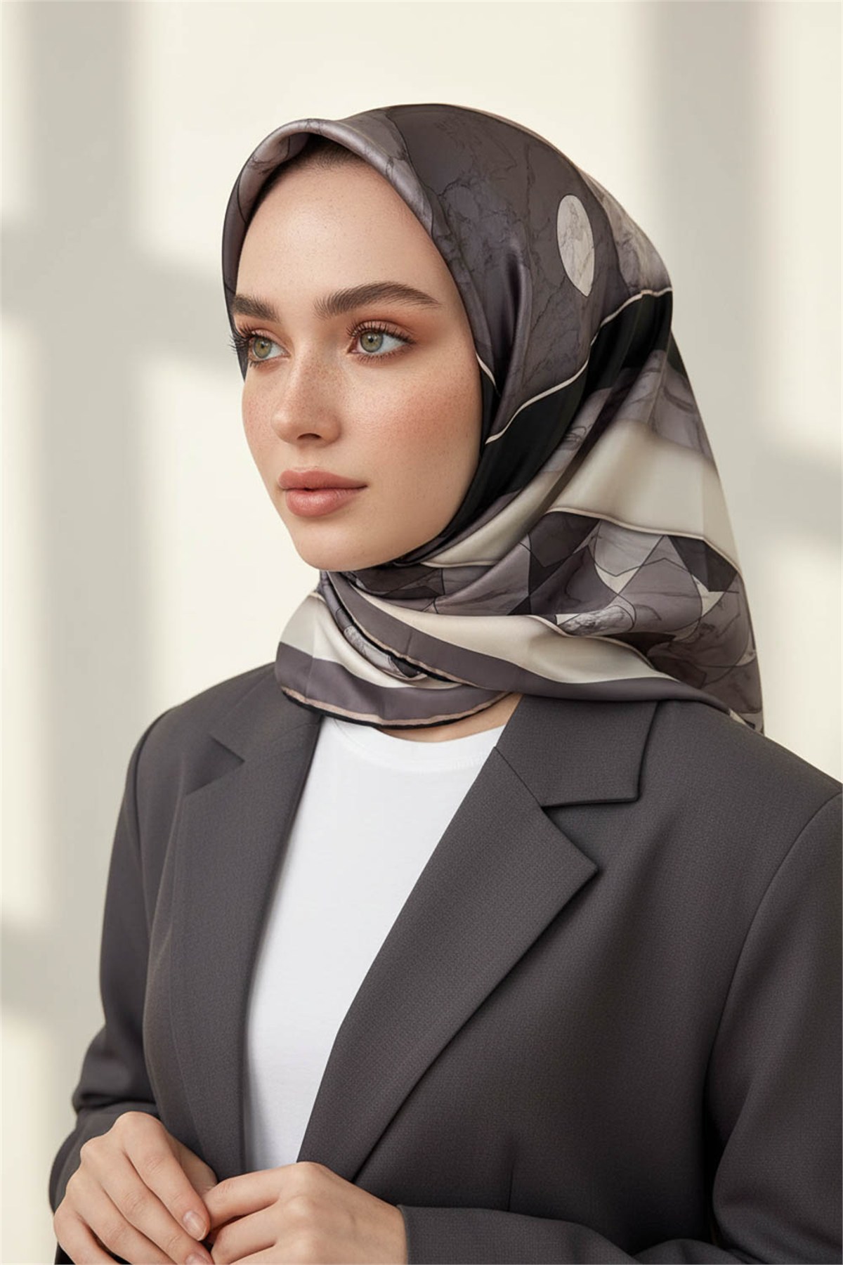 Rayon Geometrik Mermer Desenli Gri Renkli 90x90 Eşarp (İpek İçermez) Kenar Dikiş Şekli El Dikişli