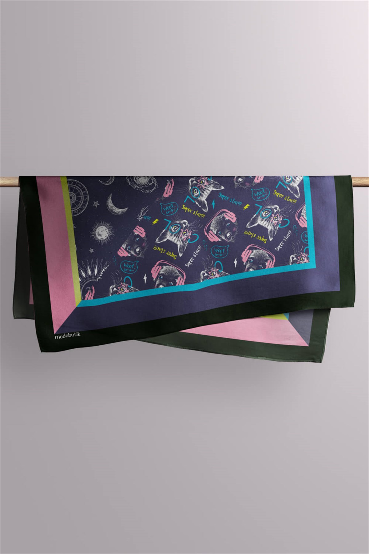 Violla H2 Kadın Mavi Süper Star Desenli 50x50 Bandana