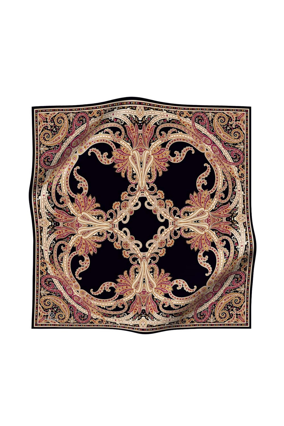 %100 Twill İpek Şal Desenli Siyah - Bordo Renkli 90x90 Eşarp Dikim Şekli : El Dikişi