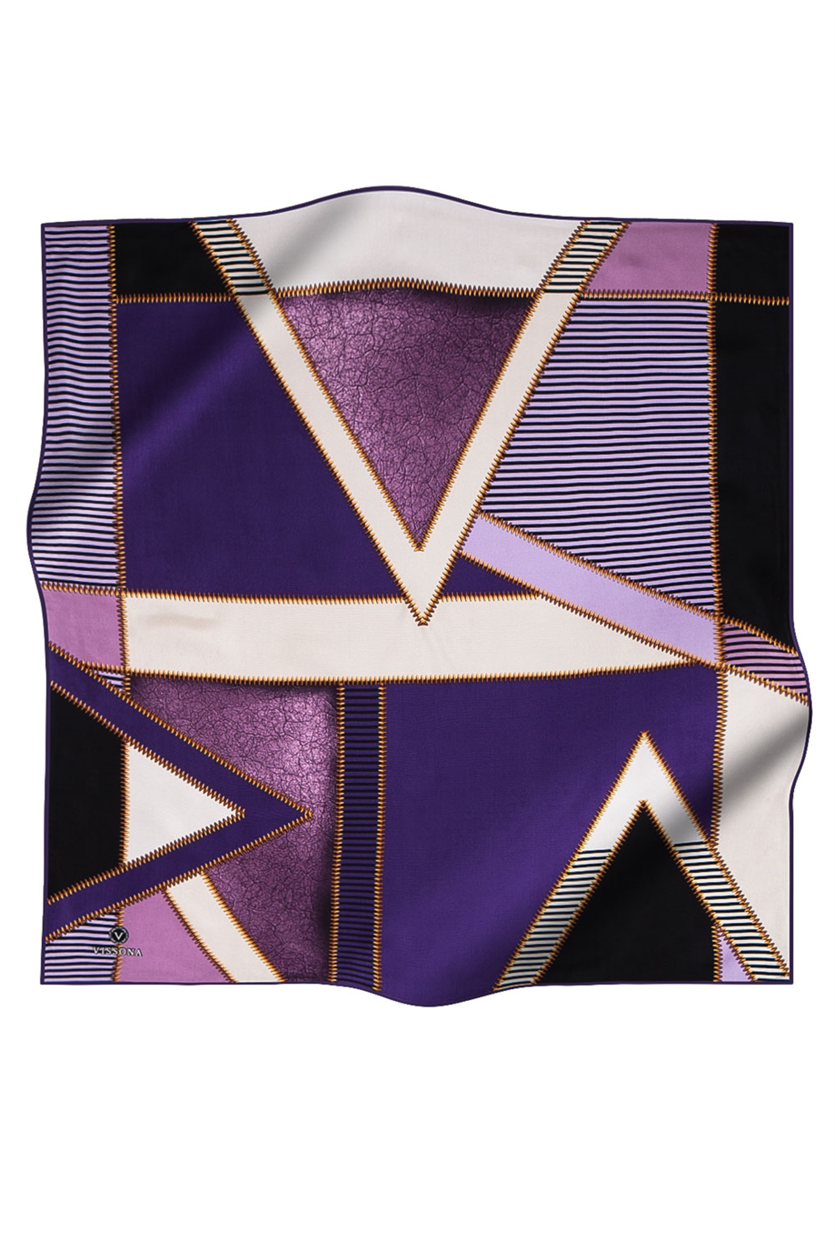 %57 İPEK % 43 VİSKON Twill İpek Geometrik Desenli Mor - Lila Renkli 90x90 Eşarp Dikim Şekli : El Dikişi
