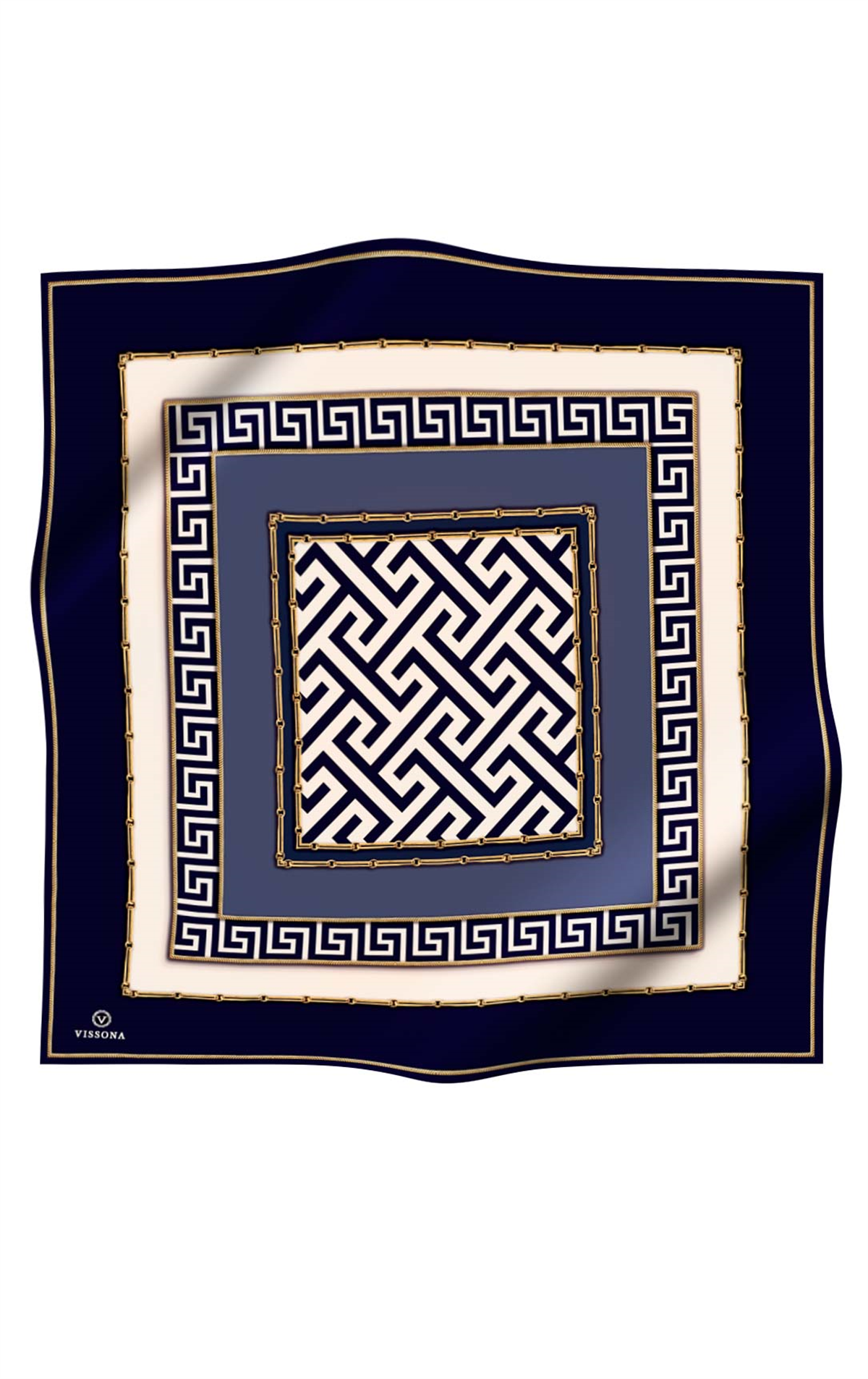 %100 Twill İpek Labirent Ve Geometrik Desenli Lacivert - İndigo Renkli 90x90 Eşarp Dikim Şekli : El Dikişi