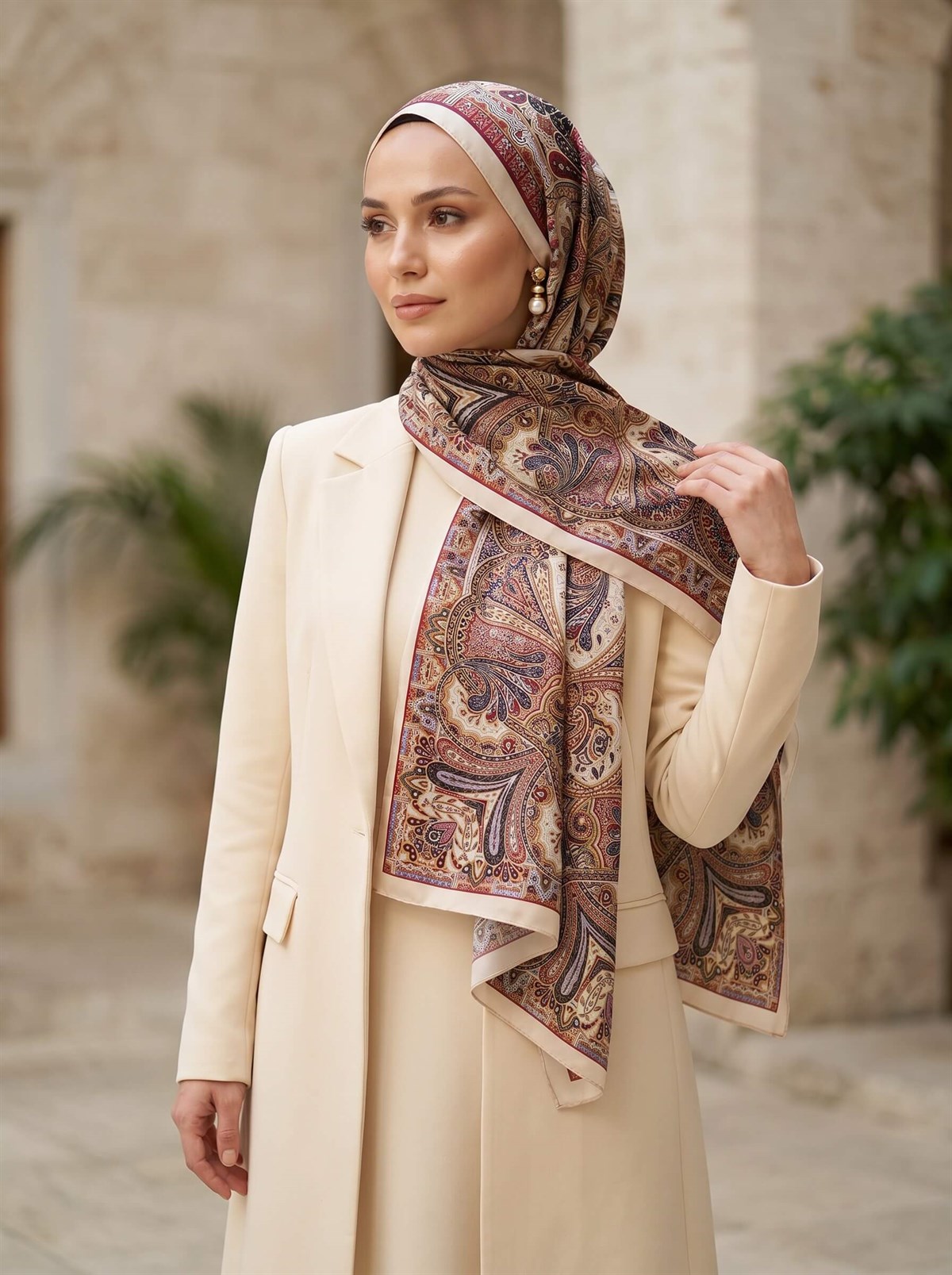 100% İpek Etro Desenli Taş - Bordo Renkli 92x210 Şal
