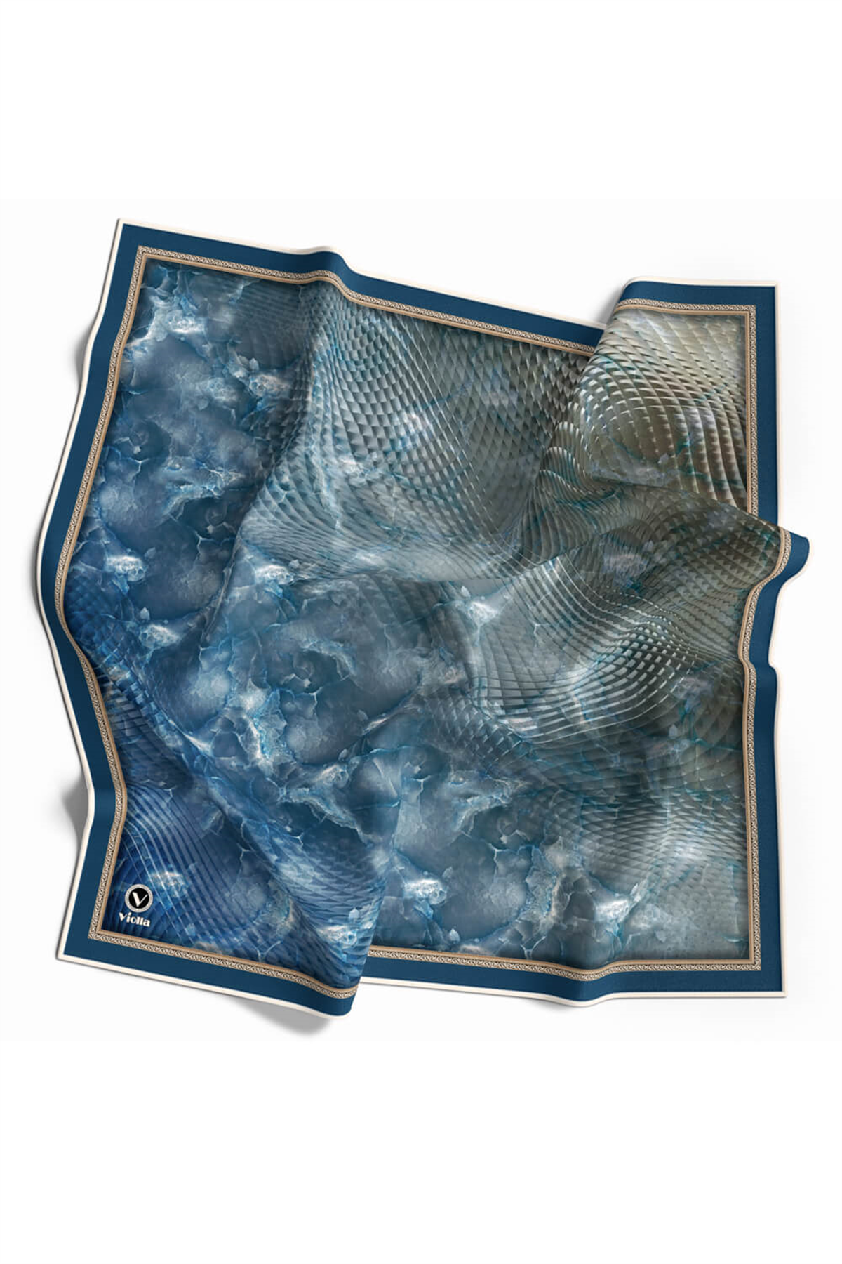 Twill Batik Desenli İndigo Renkli 90x90 Eşarp (İpek İçermez) Kenar Dikiş Şekli El Dikişli