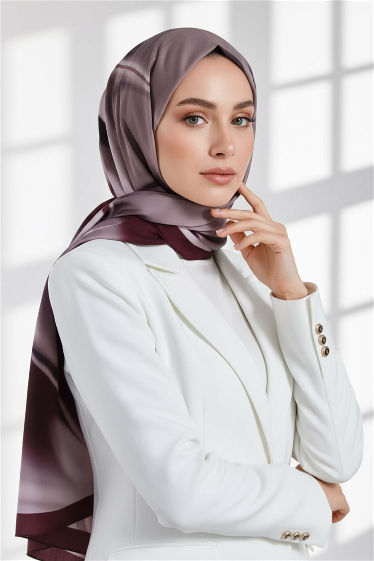 KREP DALGA DESENLİ PUDRA - ŞARABİ RENKLİ 75X195 KIRIŞMAZ EŞARP