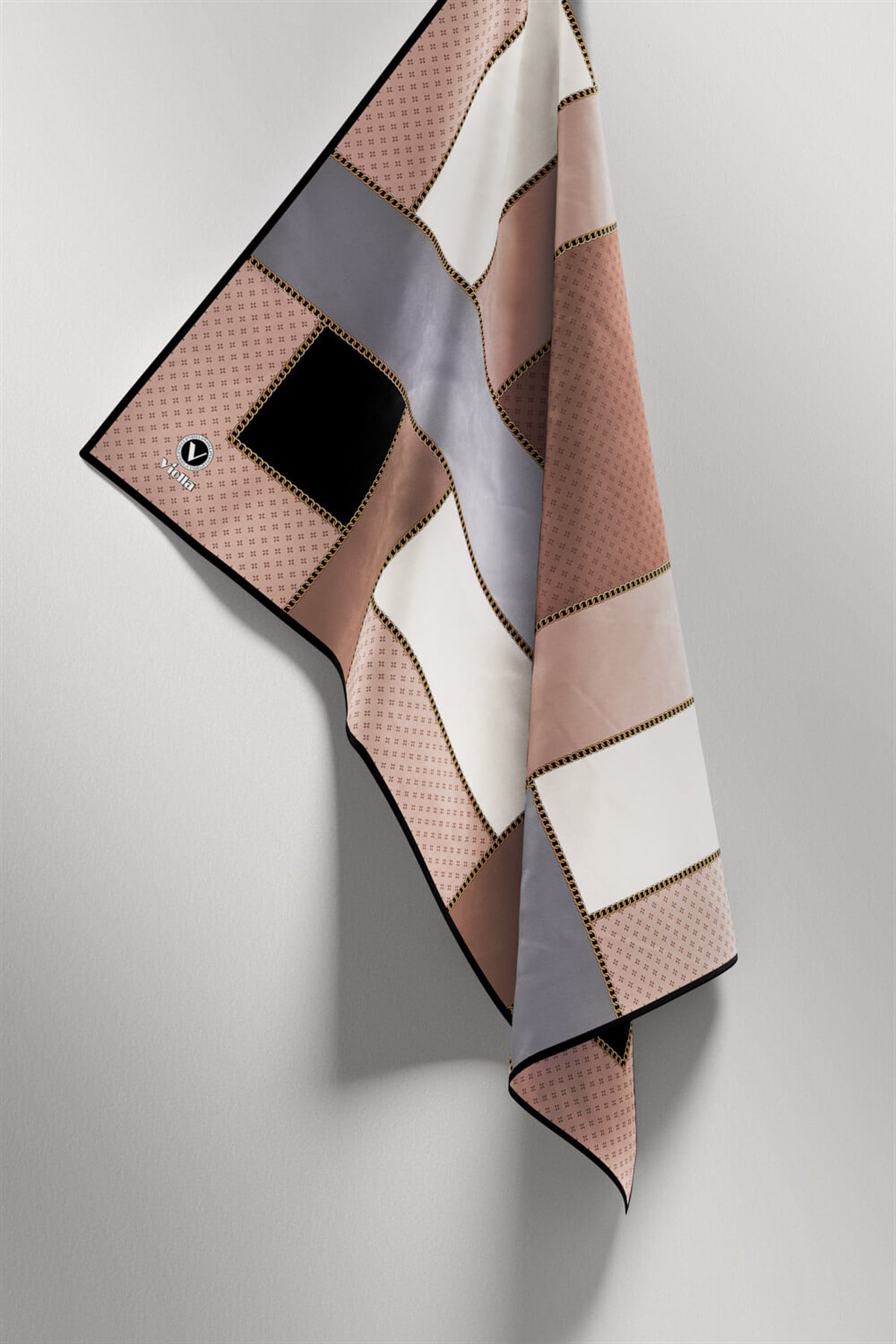 Twill Geometrik Desenli Gri - Bej Renkli 90x90 Eşarp (İpek İçermez) Kenar Dikiş Şekli El Dikişli