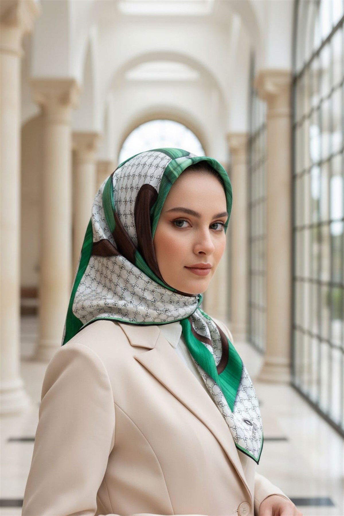 100% Twill Geometrik Halka Desenli Zümrüt Yeşili - Kahverengi  Renkli 90x90 Dikim Şekli : El Dikişi Eşarp