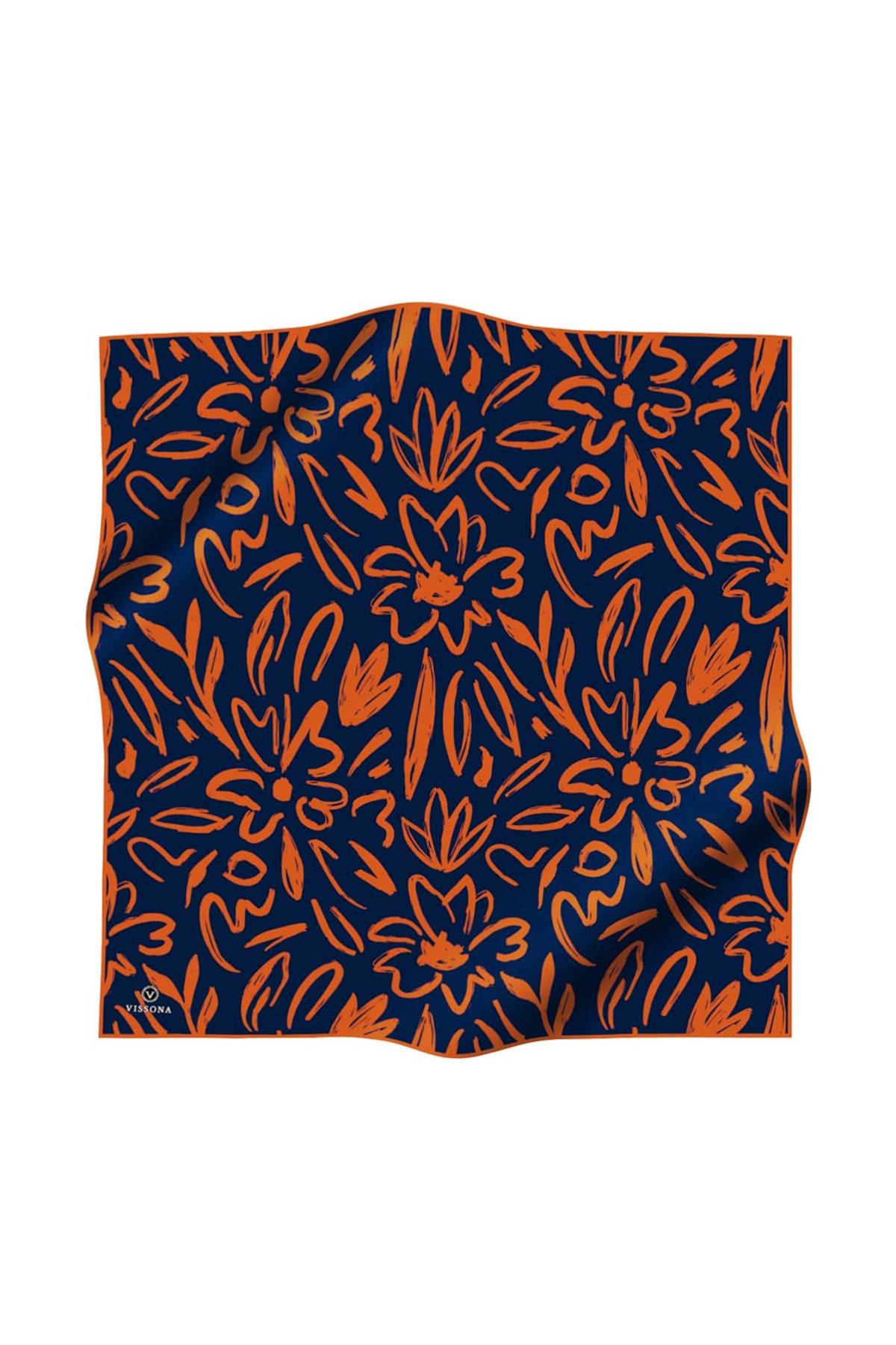 %100 Twill İpek Büyük Çiçek Desenli Lacivert - Turuncu Renkli 90x90 Eşarp Dikim Şekli : El Dikişi