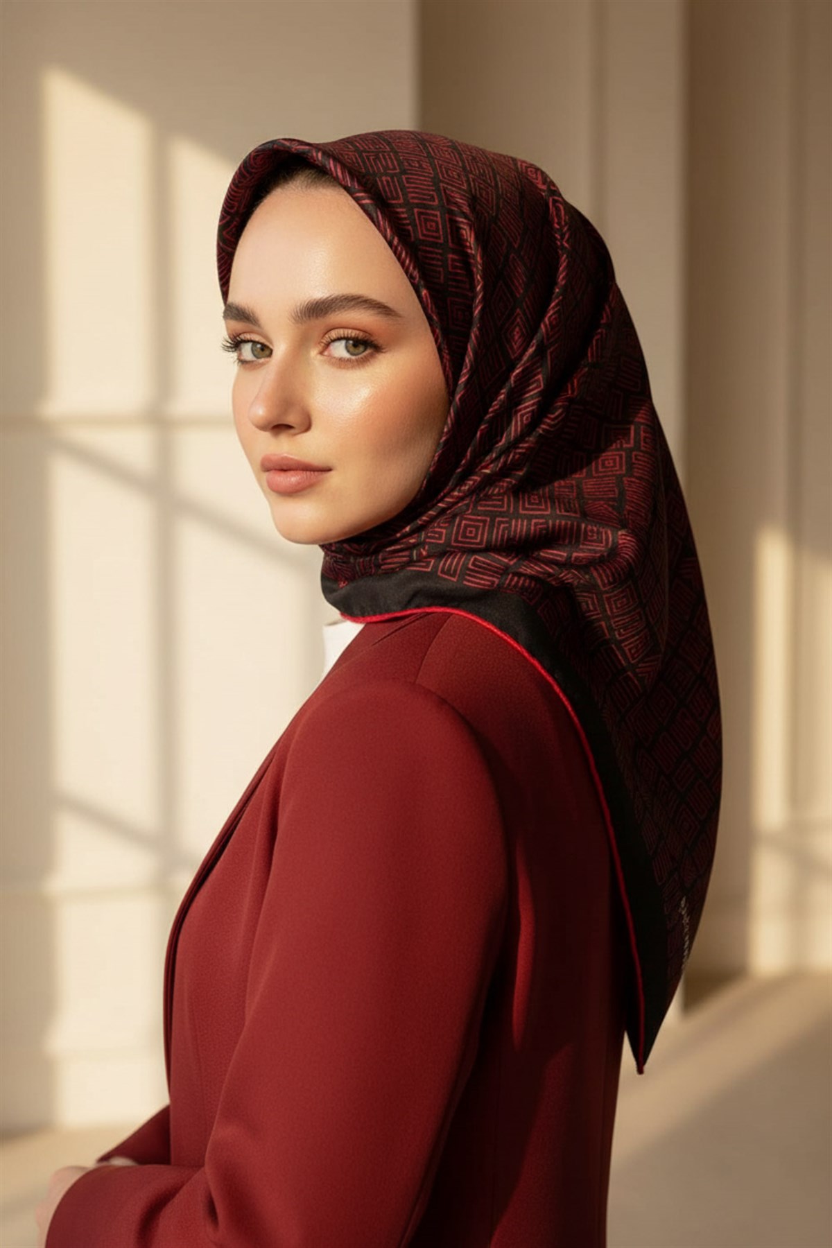 100% Twill İpek Etnik Motif Desenli Siyah - Kırmızı Renkli 90x90 Dikim Şekli : El Dikişi Eşarp