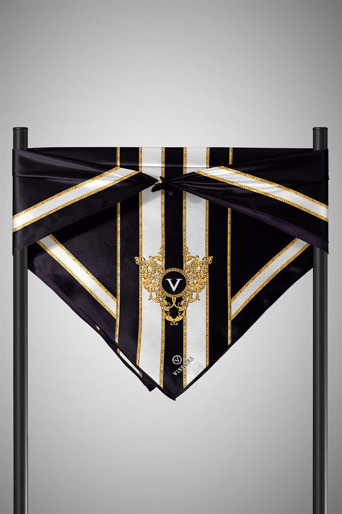 %100 Twill İpek Barok Ve Şerit Desenli Siyah - Krem Renkli 90x90 Eşarp Dikim Şekli : El Dikişi