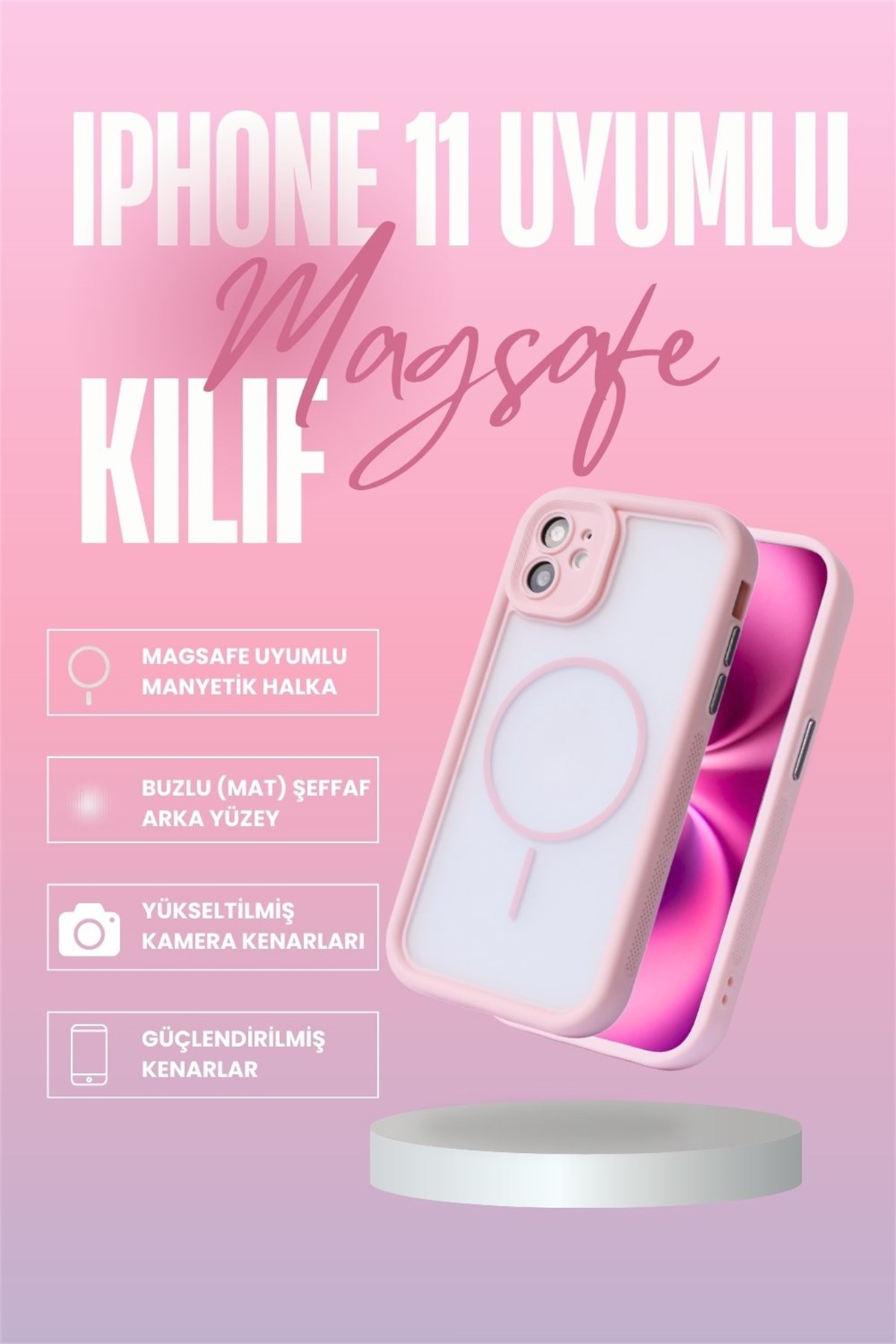 iPhone 11 Kılıf – Kamera Korumalı – MagSafe Uyumlu – Pembe Renk – Mat Silikon Telefon Kılıfı