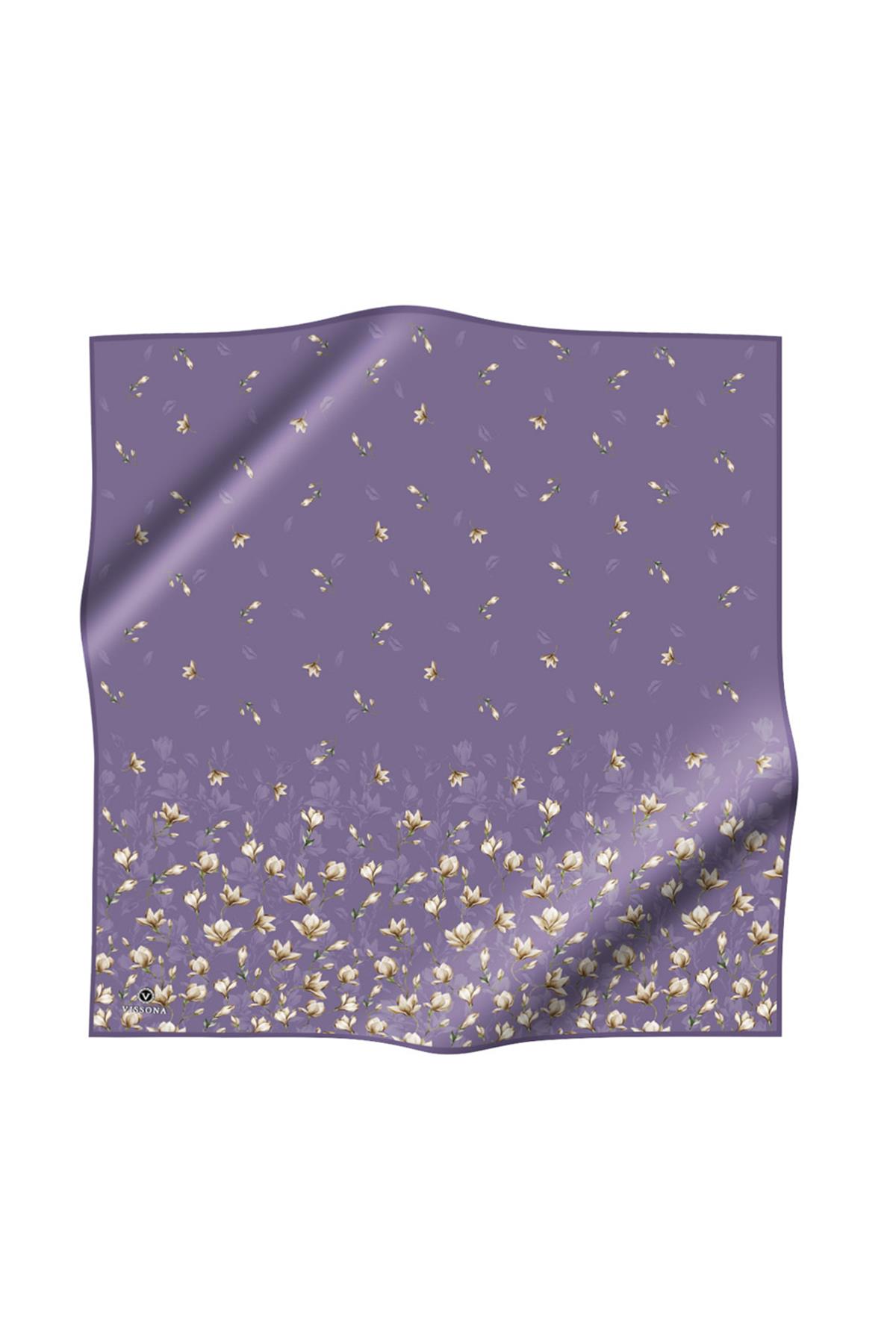 %100 Twill İpek Çiçek Desenli Lila Renkli 90x90 Eşarp Dikim Şekli : El Dikişi