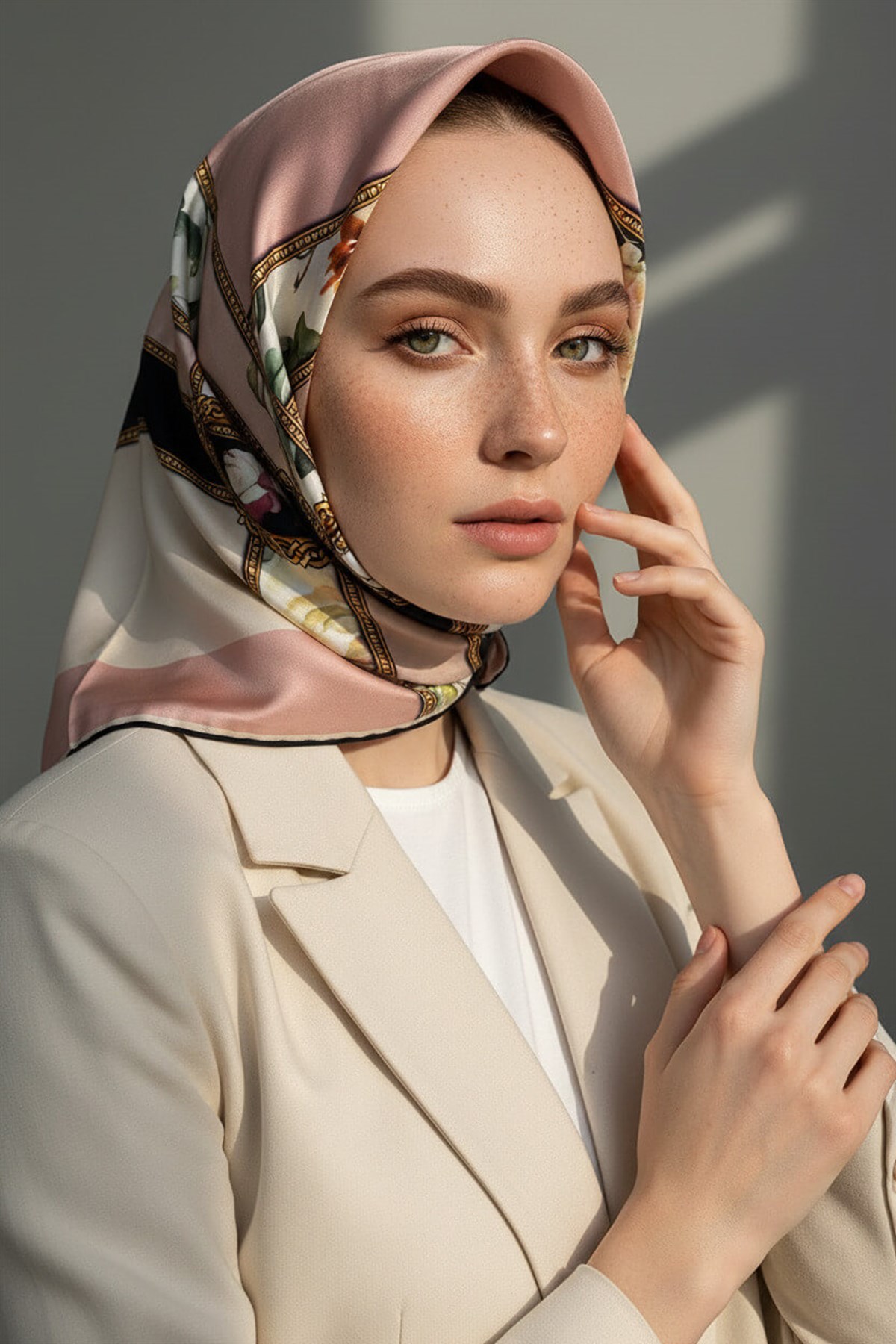 100% Twill İpek Şeritli Çiçek Desenli Pudra - Krem Renkli 90x90 Dikim Şekli : El Dikişi Eşarp