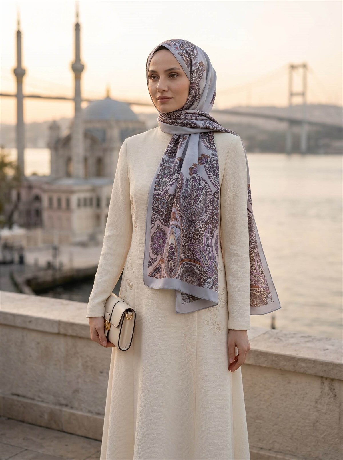 100% İpek Etro Desenli Gri Renkli 92x210 Şal