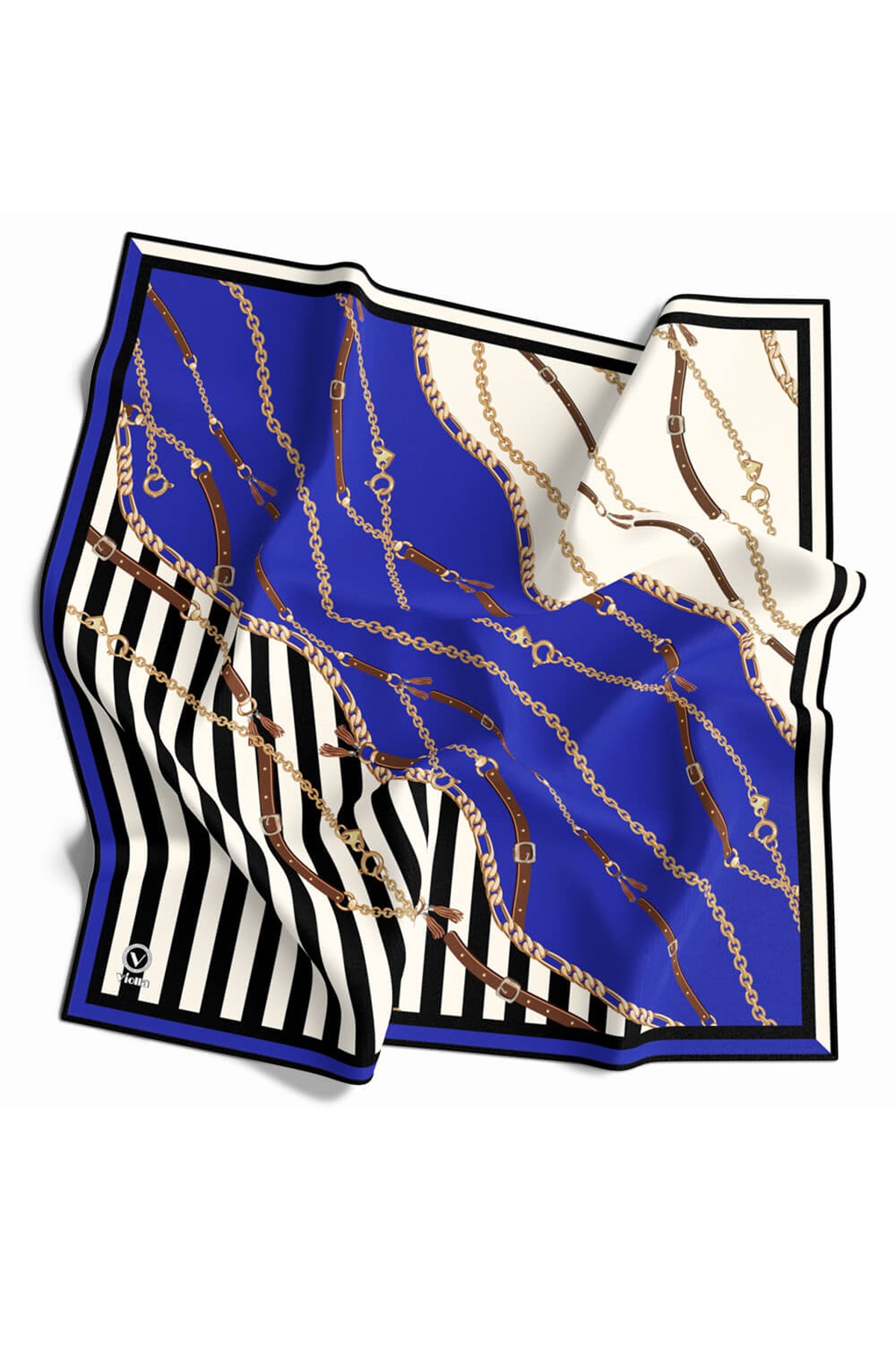 Twill Çizgili Zincir ve Kemer Desenli Saks Renkli 90x90 Eşarp (İpek İçermez) Kenar Dikiş Şekli El Dikişli