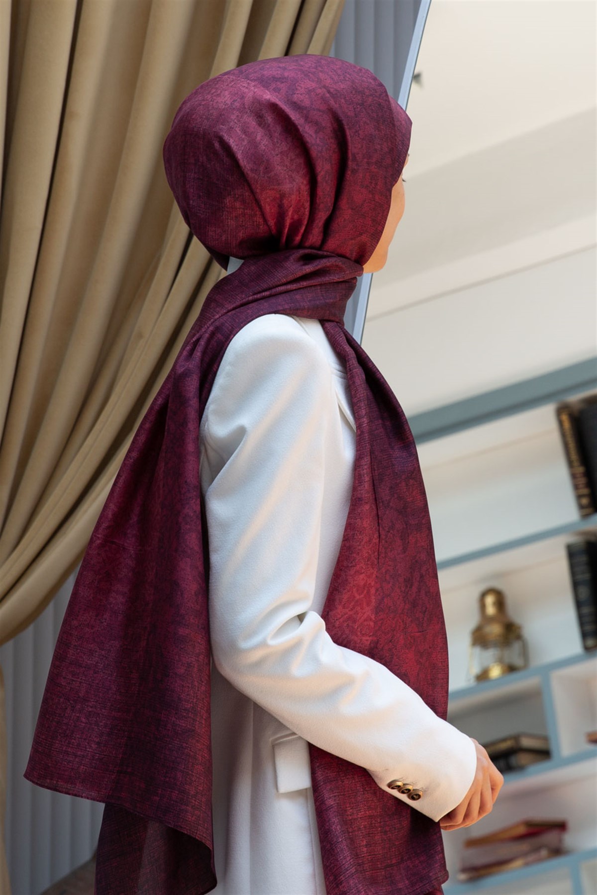 % 100 İpek Damask Desenli Bordo Renkli 90x210 Şal