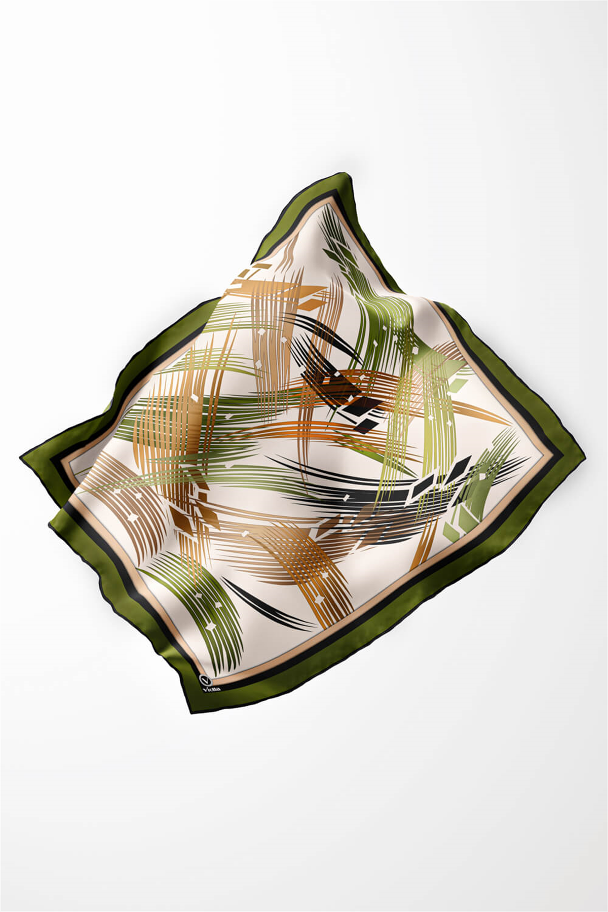 Twill Geometrik Desenli Haki - Hardal Renkli 90x90 Eşarp (İpek İçermez) Kenar Dikiş Şekli El Dikişli