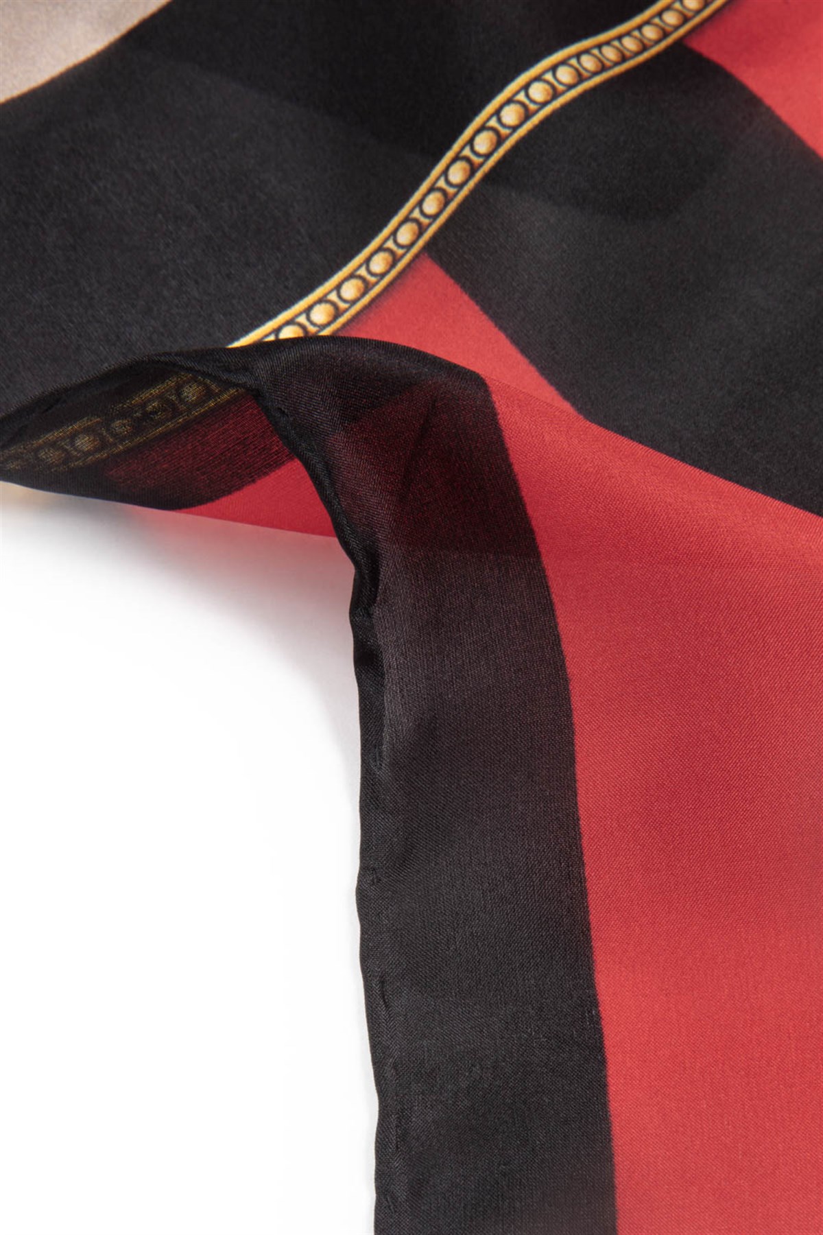 %100 İpek Şerit Ve Varak Desenli Kırmızı - Siyah Renkli 92x210 Şal