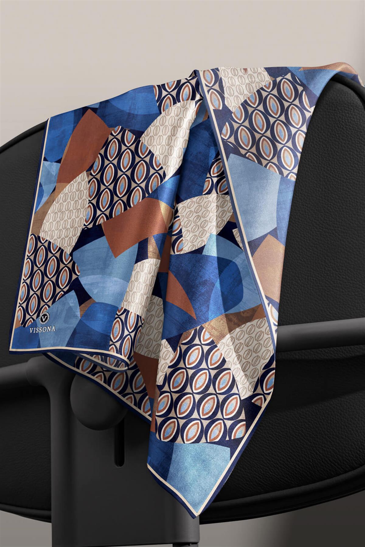 %100 Twill İpek Geometrik Desenli Lacivert- Taba Renkli 90x90 Eşarp Eşarp Kenar Dikiş Şekli El Dikişli