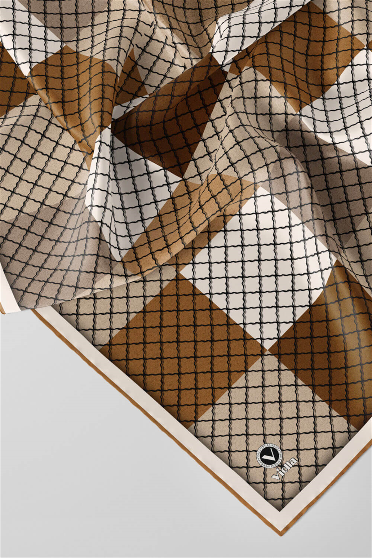 Twill Kare Desenli Hardal Renkli 90x90 Eşarp (İpek İçermez) Kenar Dikiş Şekli El Dikişli
