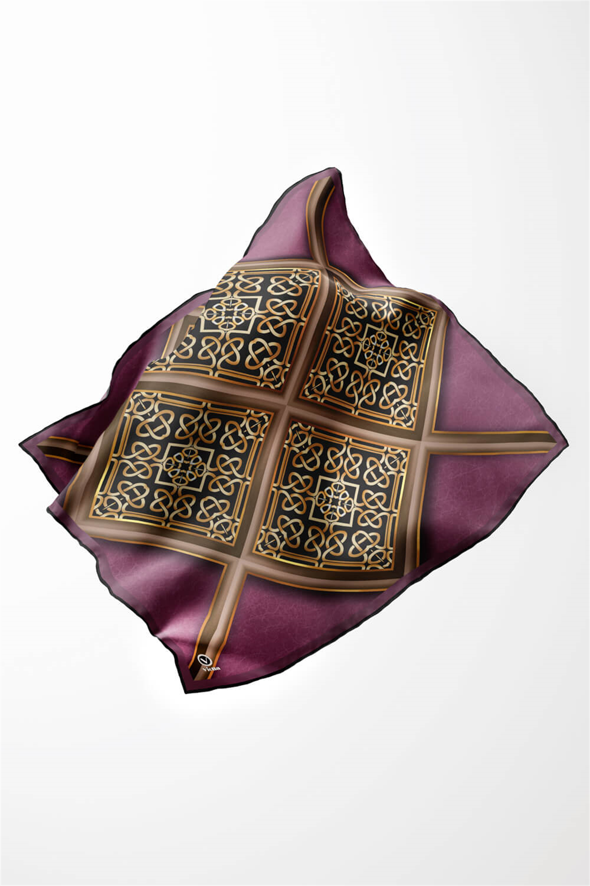 Twill Gold Çerçeveli Barok Desenli Mürdüm Renkli 90x90 Eşarp (İpek İçermez) Kenar Dikiş Şekli El Dikişli
