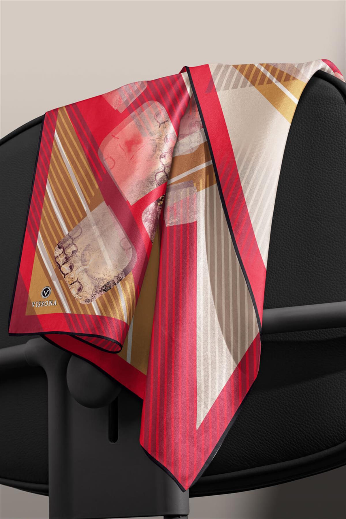 %100 Twill İpek Geometrik Desenli Bordo Renkli 90x90 Eşarp Dikim Şekli : El Dikişi