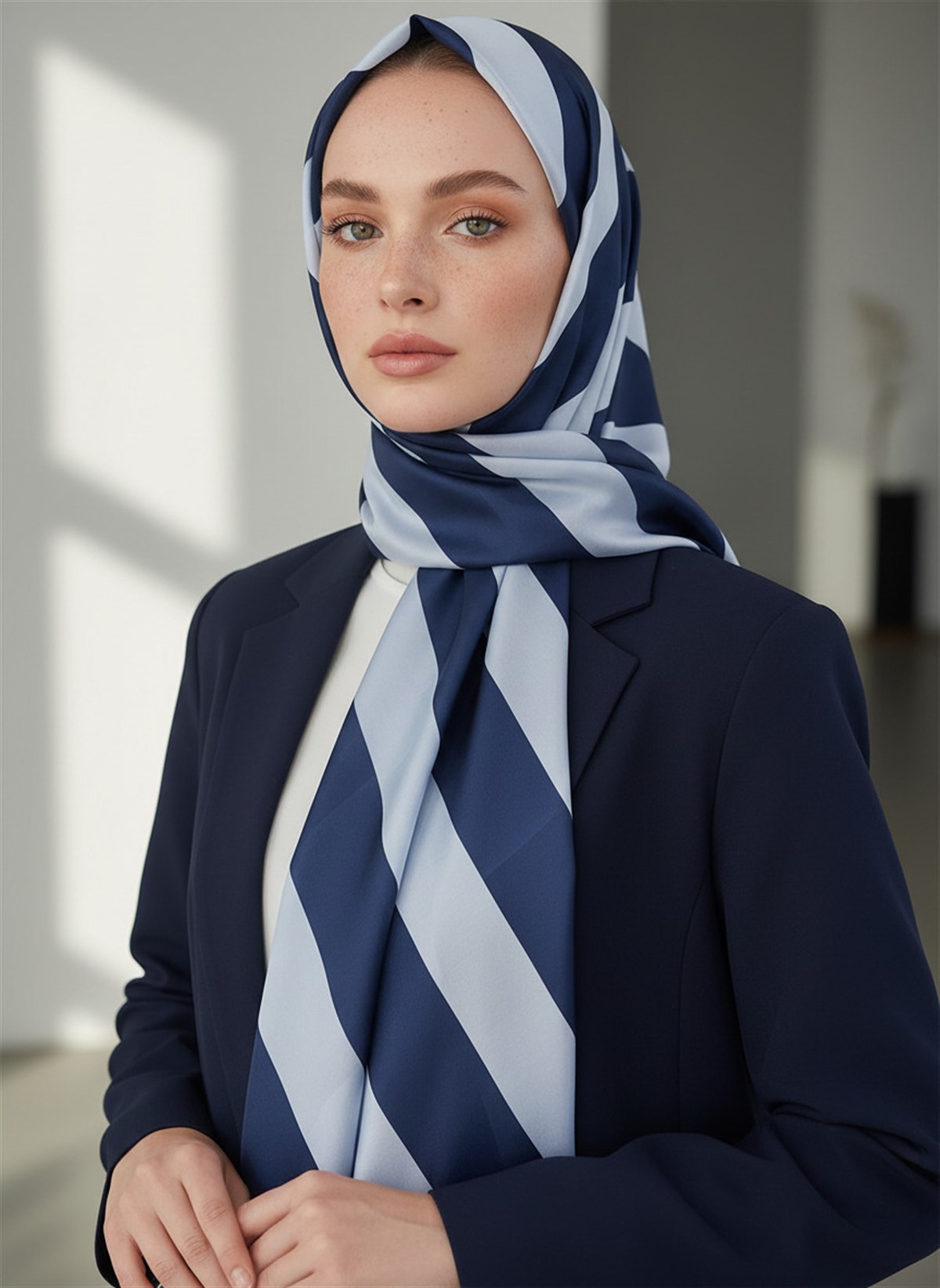 %100 Saf İpek Şal İnce Saten Vual Dokuma Çizgili Desenli Lacivert - Bebe Mavisi Renkli 90x210 Şal