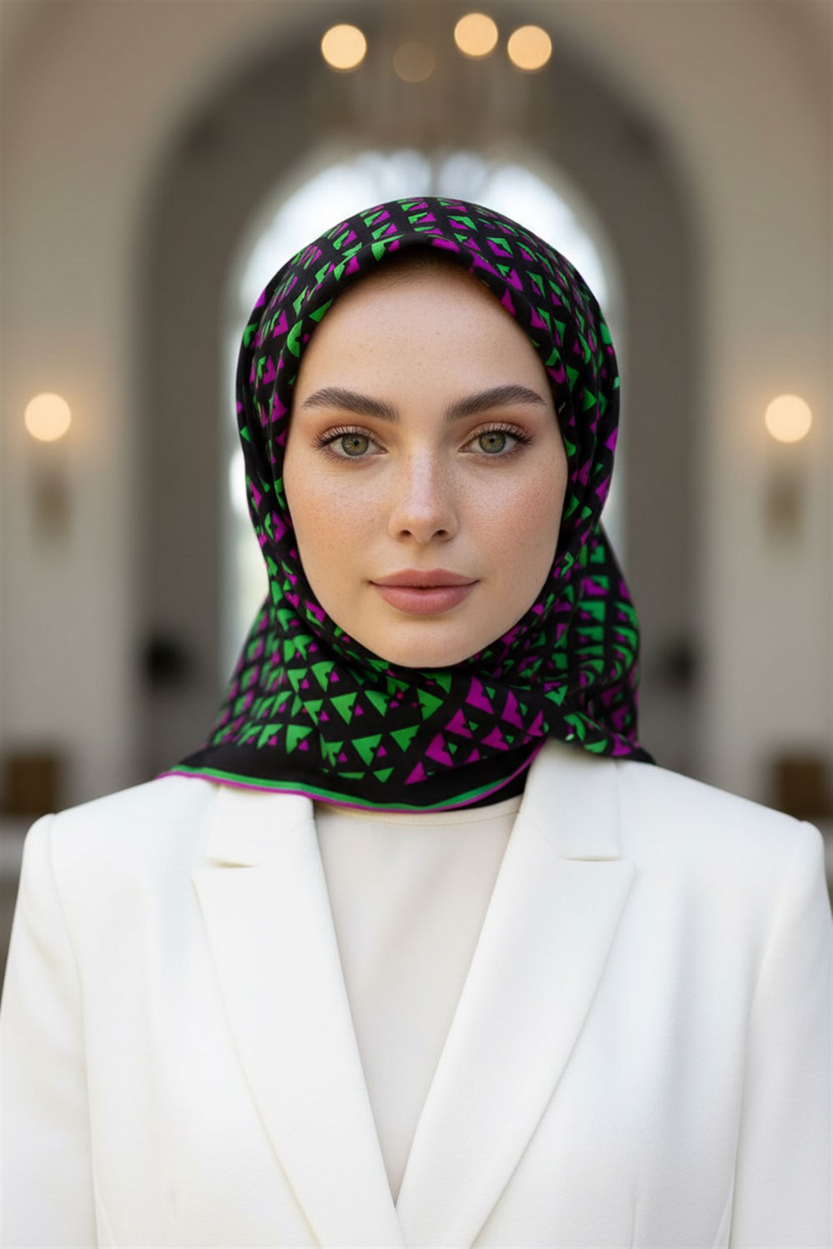 %100 Twill İpek Geometrik Desenli Fuşya - Benetton Yeşili Renkli 90x90 Eşarp Dikim Şekli : El Dikişi