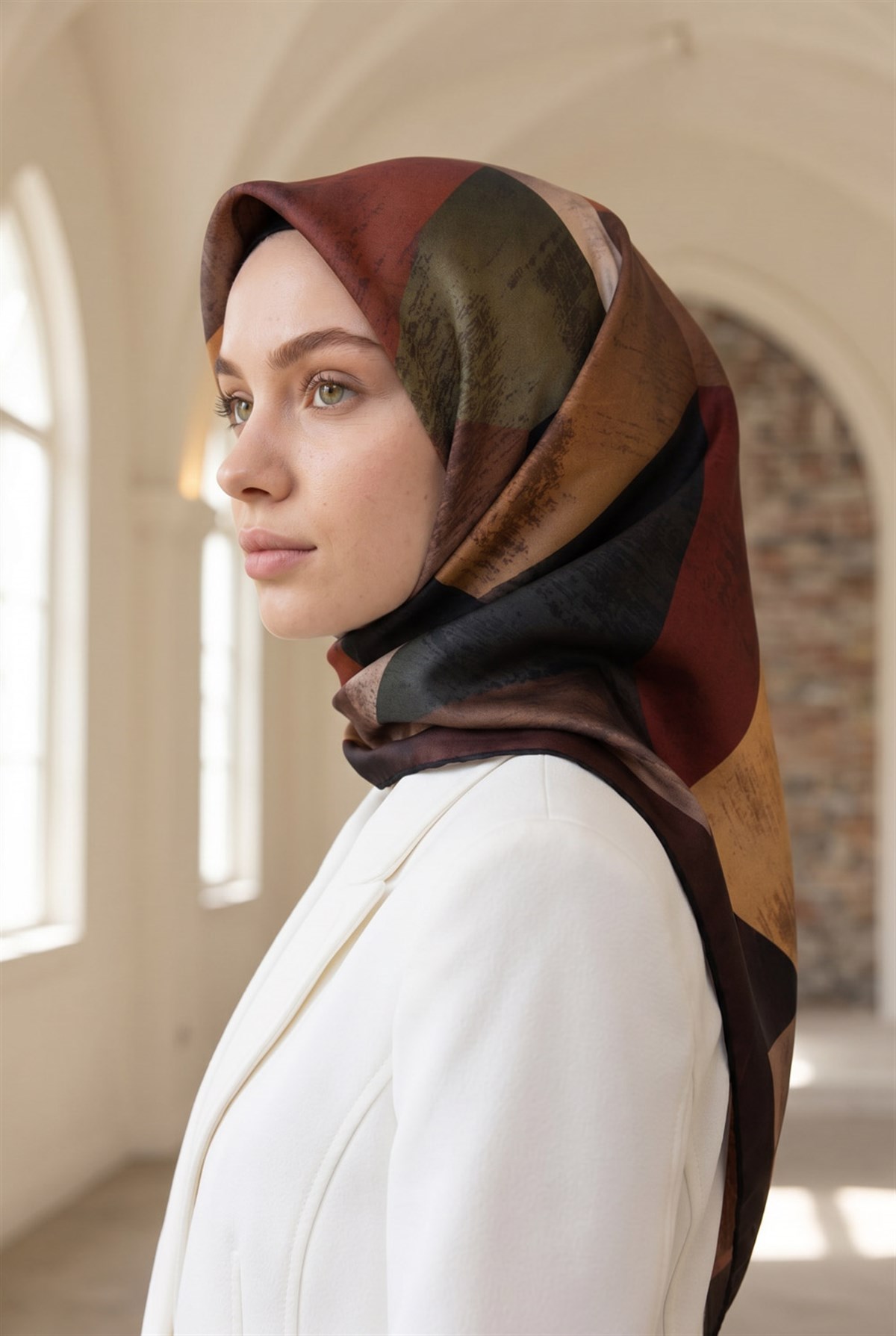 %100 Twill İpek Geometrik Desenli Bordo - Zümrüt Yeşili Renkli 90x90 Eşarp Dikim Şekli : El Dikişi
