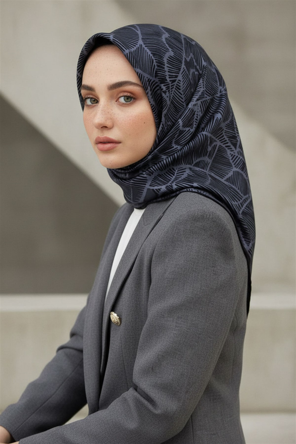%100 Twill İpek Geometrik Desenli Gri - Siyah Renkli 90x90 Eşarp Dikim Şekli : El Dikişi