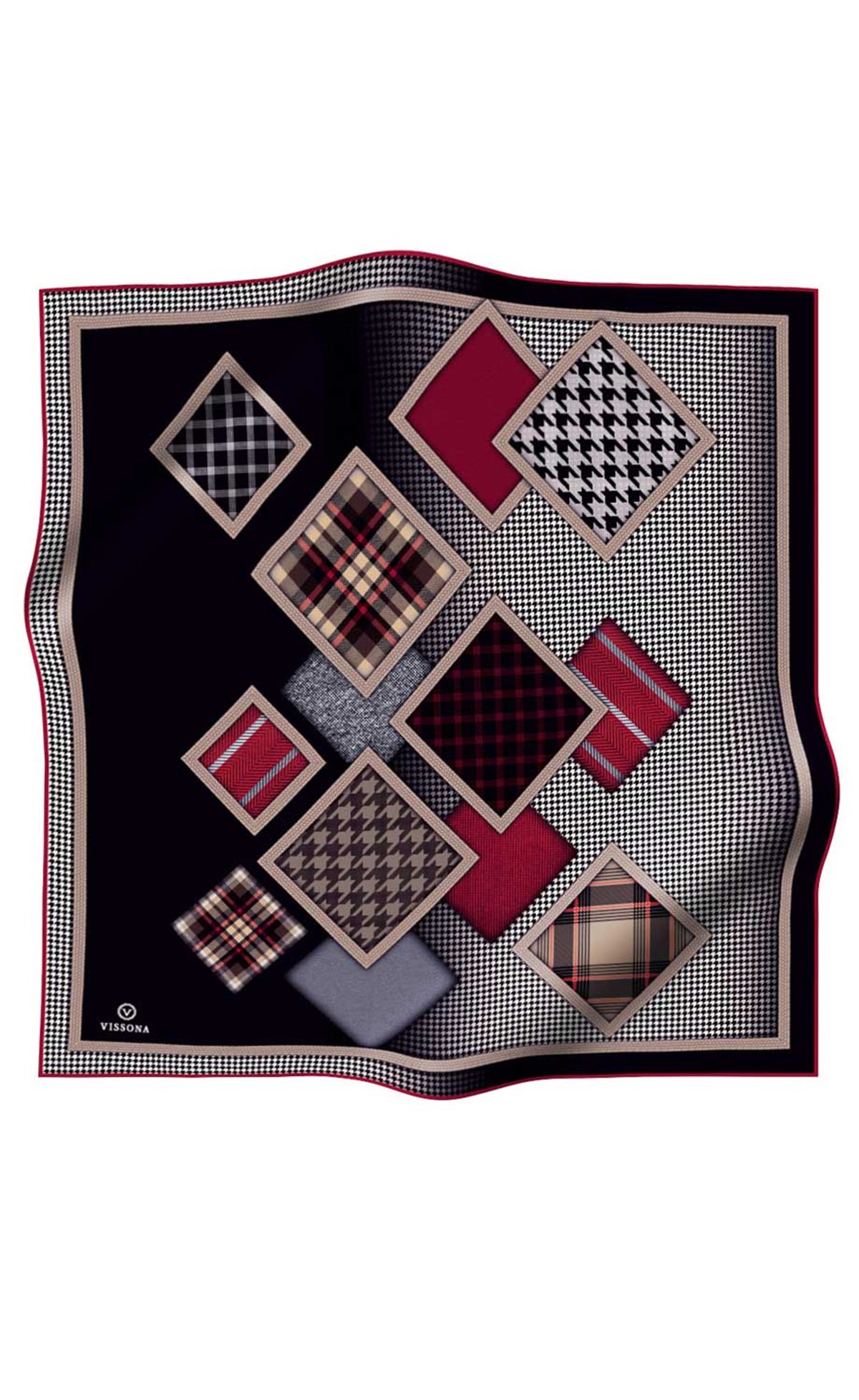 %100 Twill İpek Kazakayaklı Ve Ekose Desenli Siyah - Bordo Renkli 90x90 Eşarp Dikim Şekli : El Dikişi