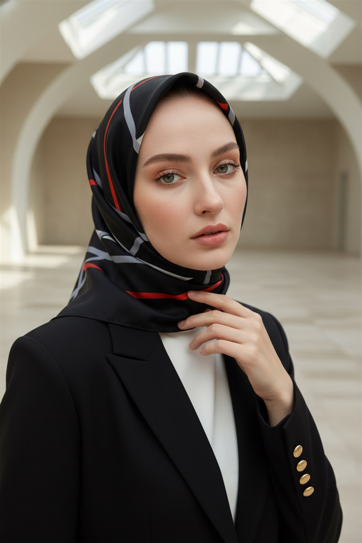%57 İPEK %43 VİSKON Twill İpek Çizgili Desenli Siyah - Kırmızı Renkli 90x90 Eşarp Dikim Şekli : El Dikişi