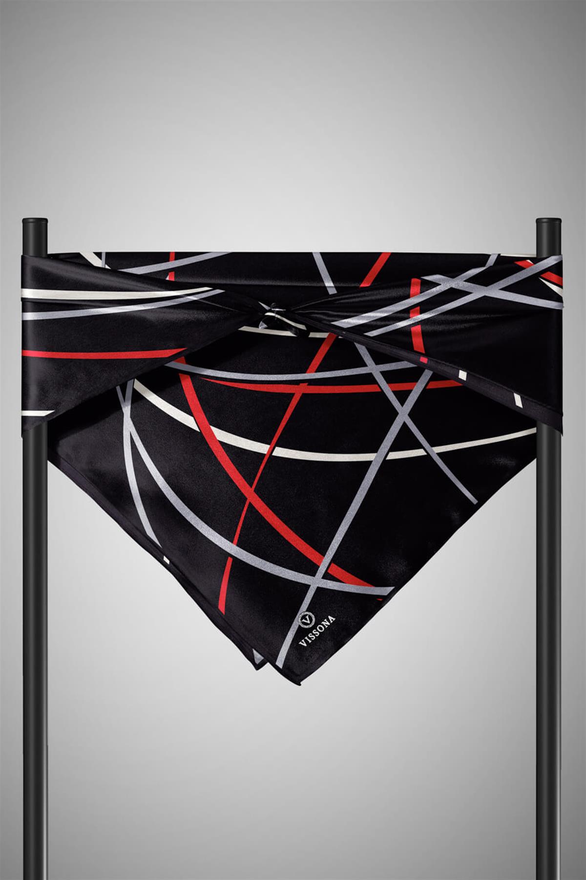 %100 Twill İpek Çizgili Desenli Siyah - Kırmızı Renkli 90x90 Eşarp Dikim Şekli : El Dikişi