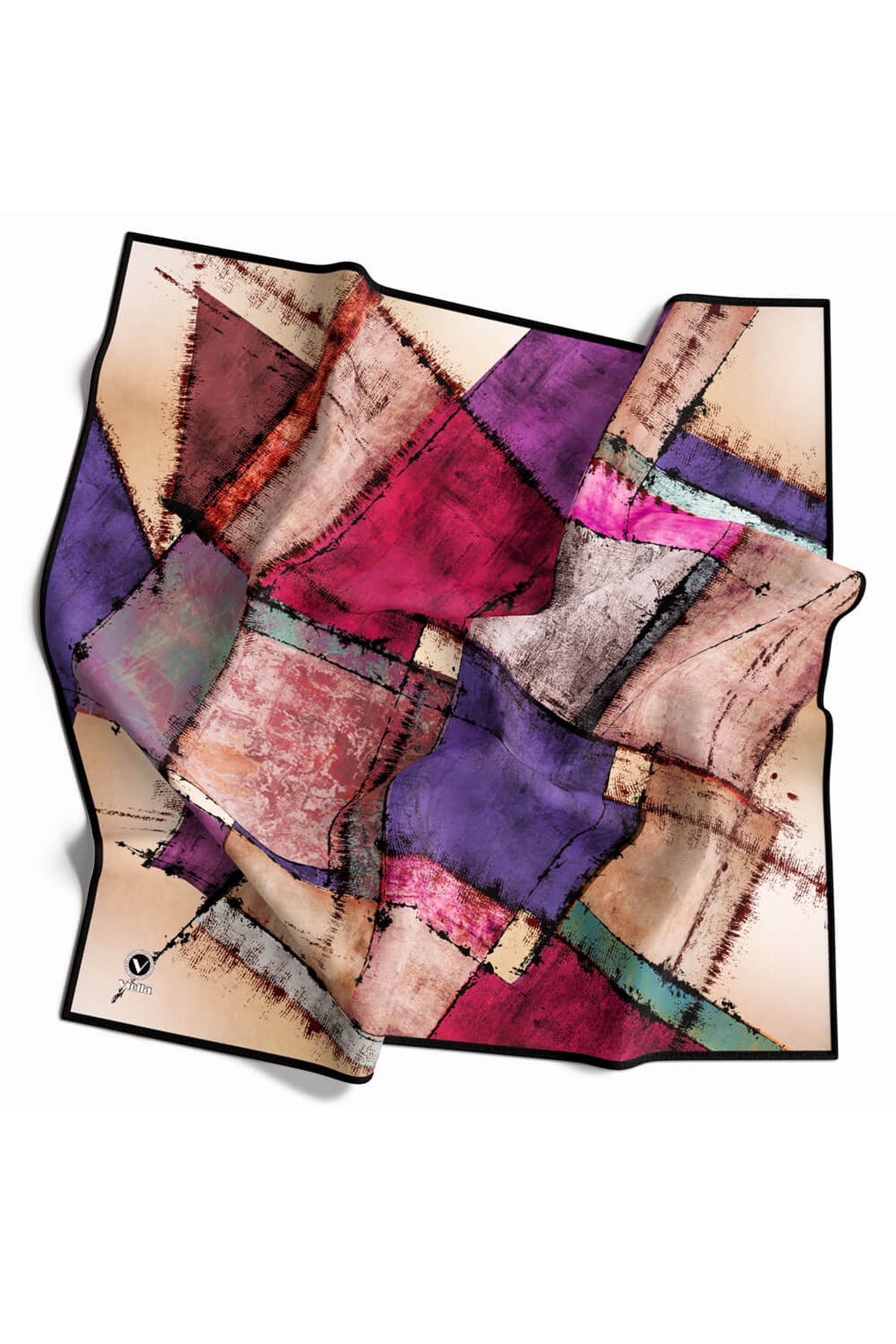 Twil Yamalı Ve Geometrik Desenli Mürdüm Renkli 90x90 Eşarp (İpek İçermez) Dikim Şekli : El Dikişi