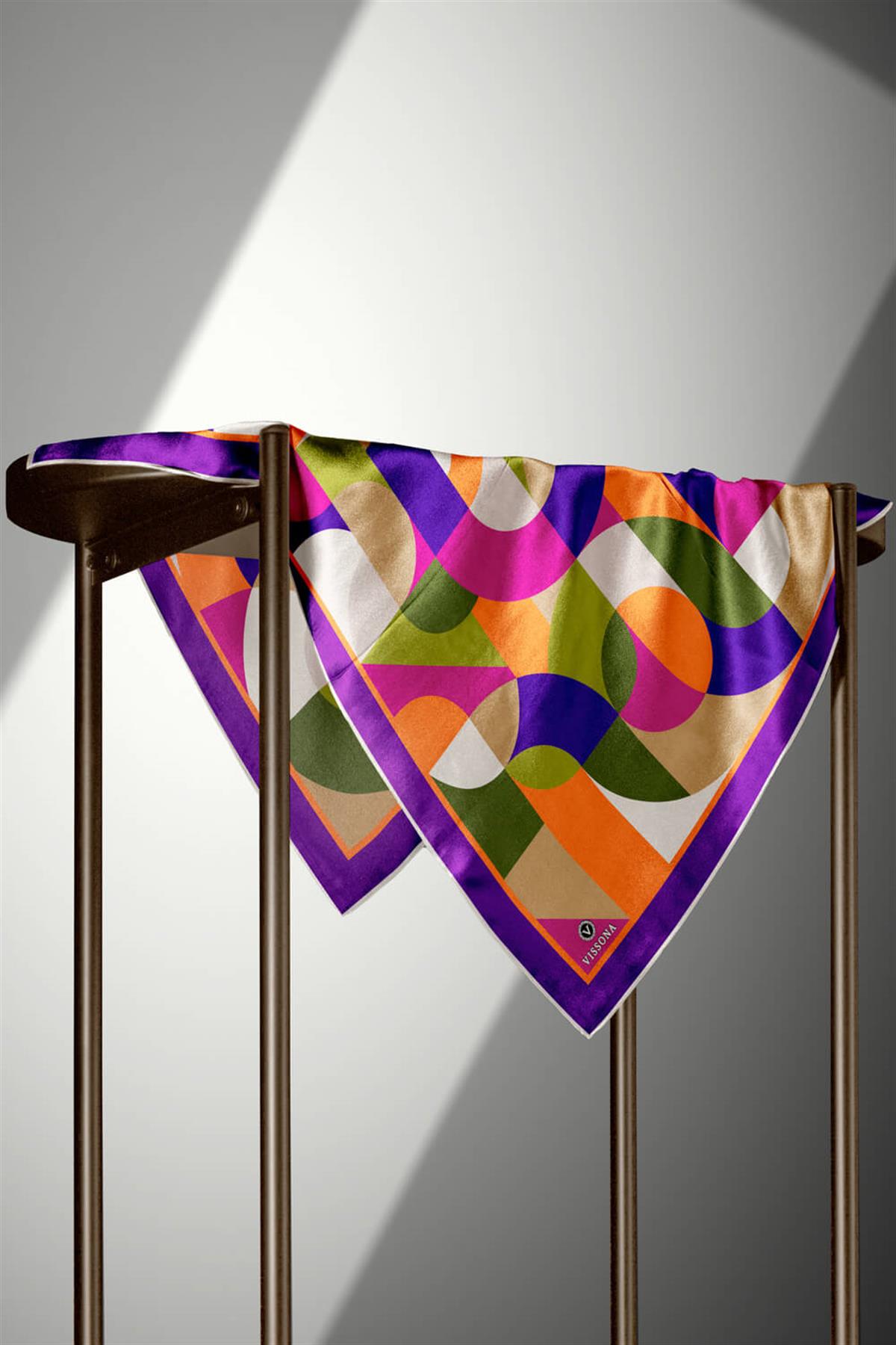 %100 Twill Renk Bloklu Çizgili Desenli Mor - Turuncu Renkli 90x90 Eşarp Dikim Şekli: El Dikişii