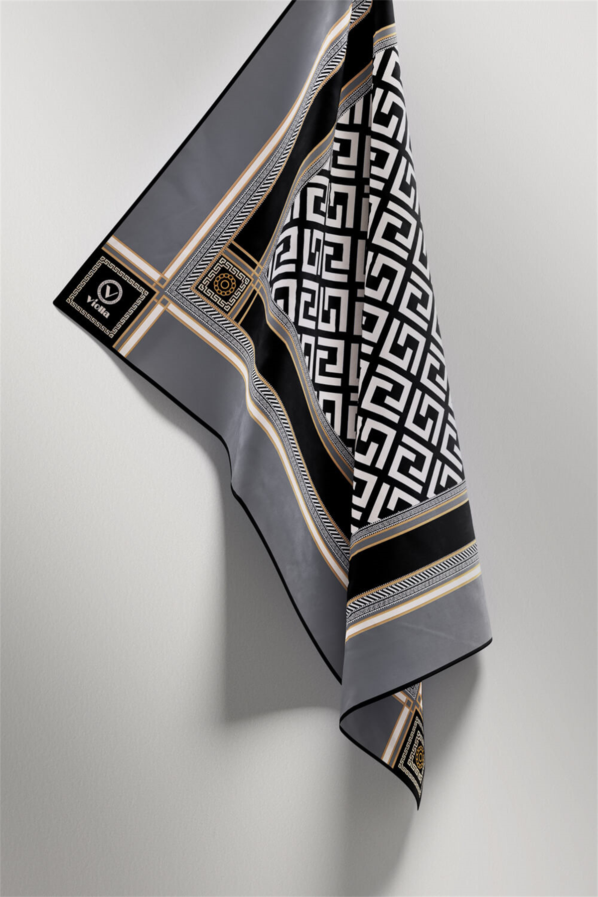 Twill Antik Desenli Gri Renkli 90x90 Eşarp (İpek İçermez) Kenar Dikiş Şekli El Dikişli