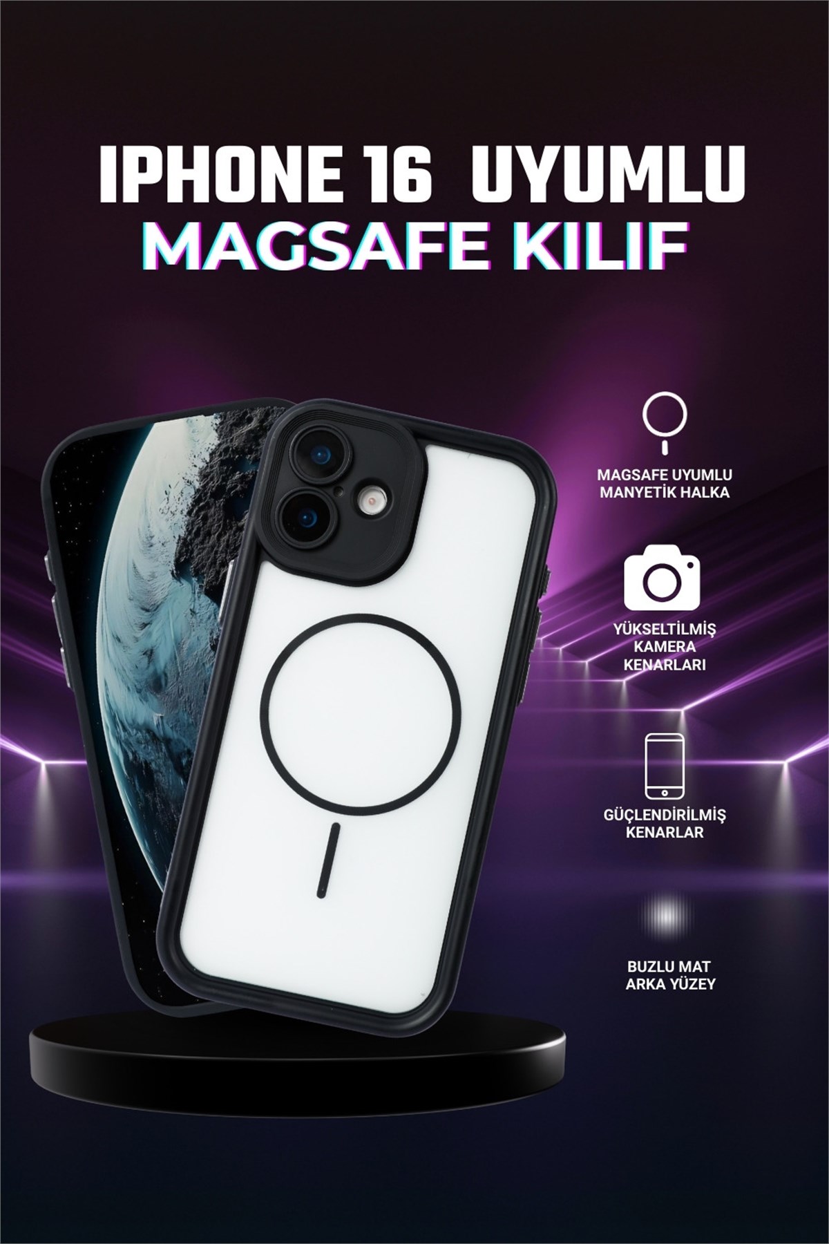 iPhone 16 Kılıf – Kamera Korumalı – MagSafe Uyumlu – Siyah Renk – Mat Silikon Telefon Kılıfı