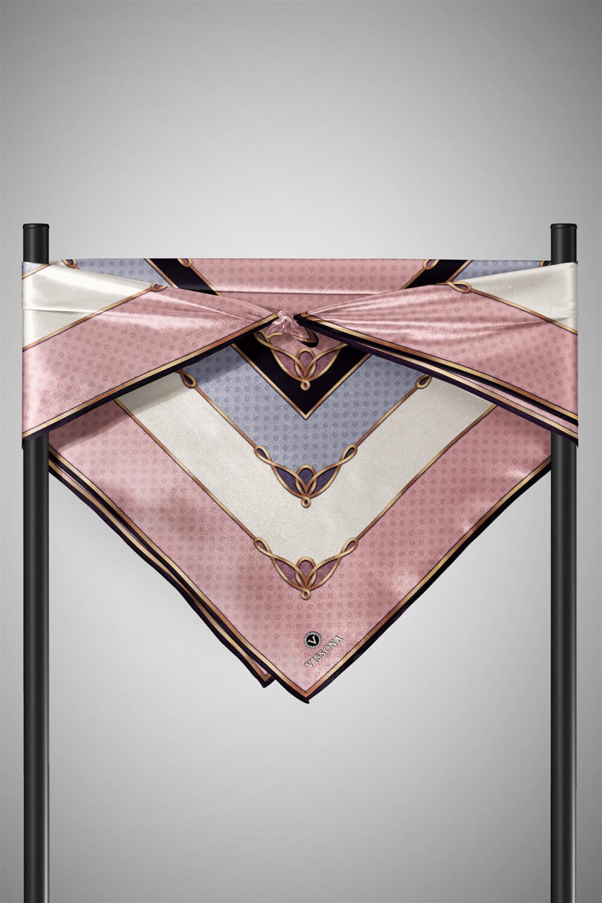 %100 Twill İpek Puantiyeli ve Geometrik Desenli Pudra - Gri Renkli 90x90 Eşarp Dikim Şekli : El Dikişi