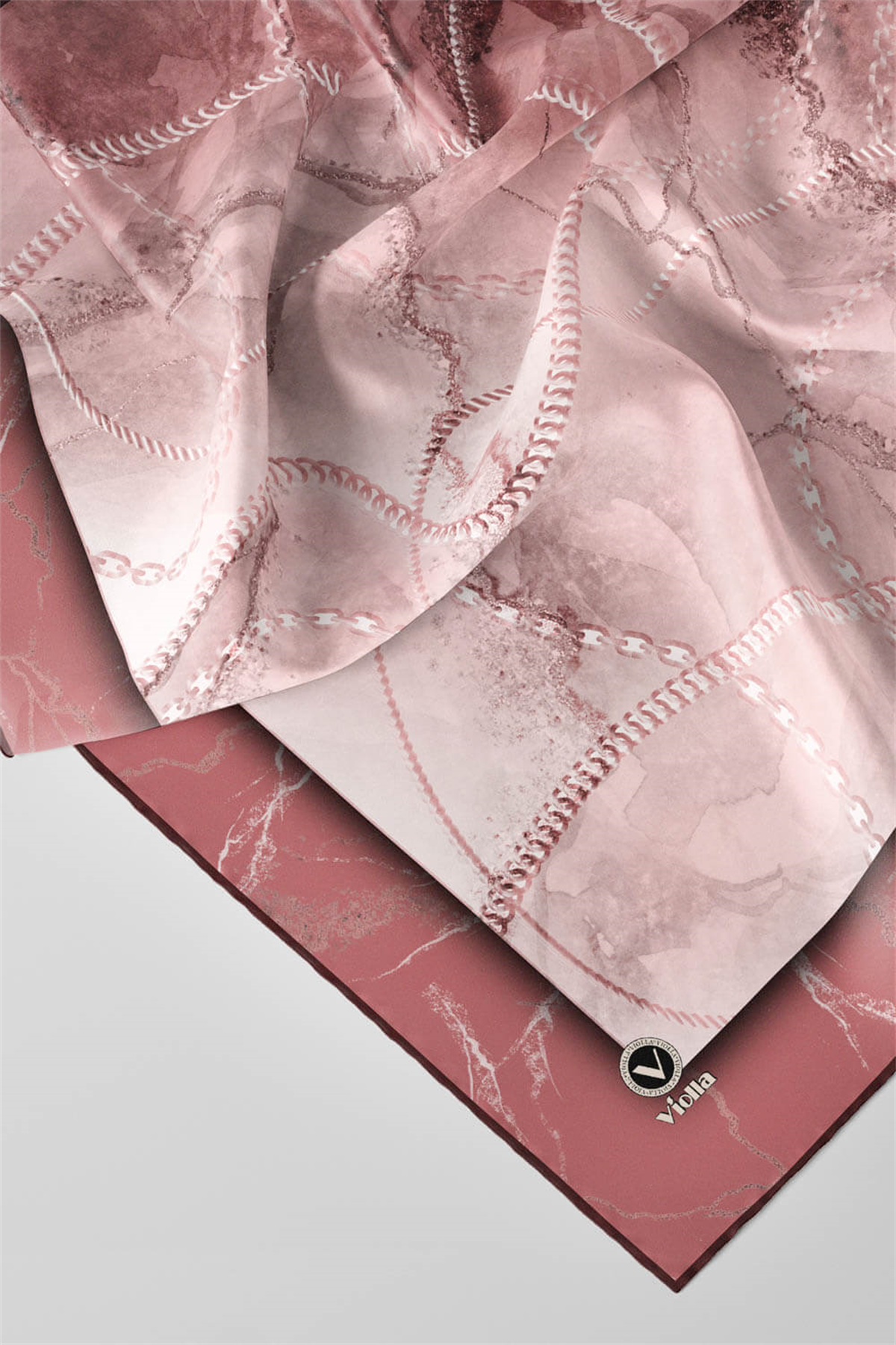 Twill Mermer ve Zincir Desenli Pudra Renkli 90x90 Eşarp (İpek İçermez) Kenar Dikiş Şekli El Dikişli