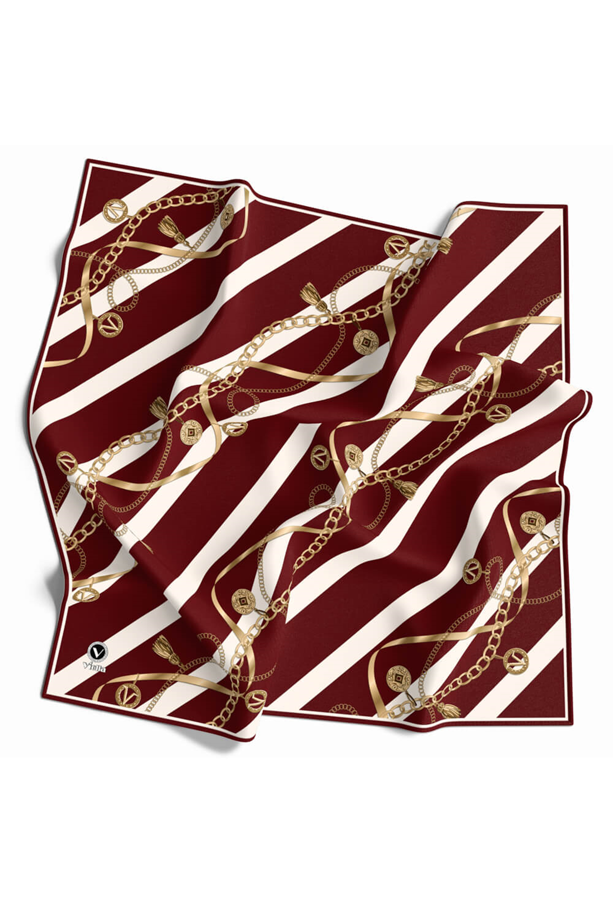 Twill Çizgili Kemer ve Zinci Desenli Bordo Renkli 90x90 Eşarp (İpek İçermez) Kenar Dikiş Şekli El Dikişli