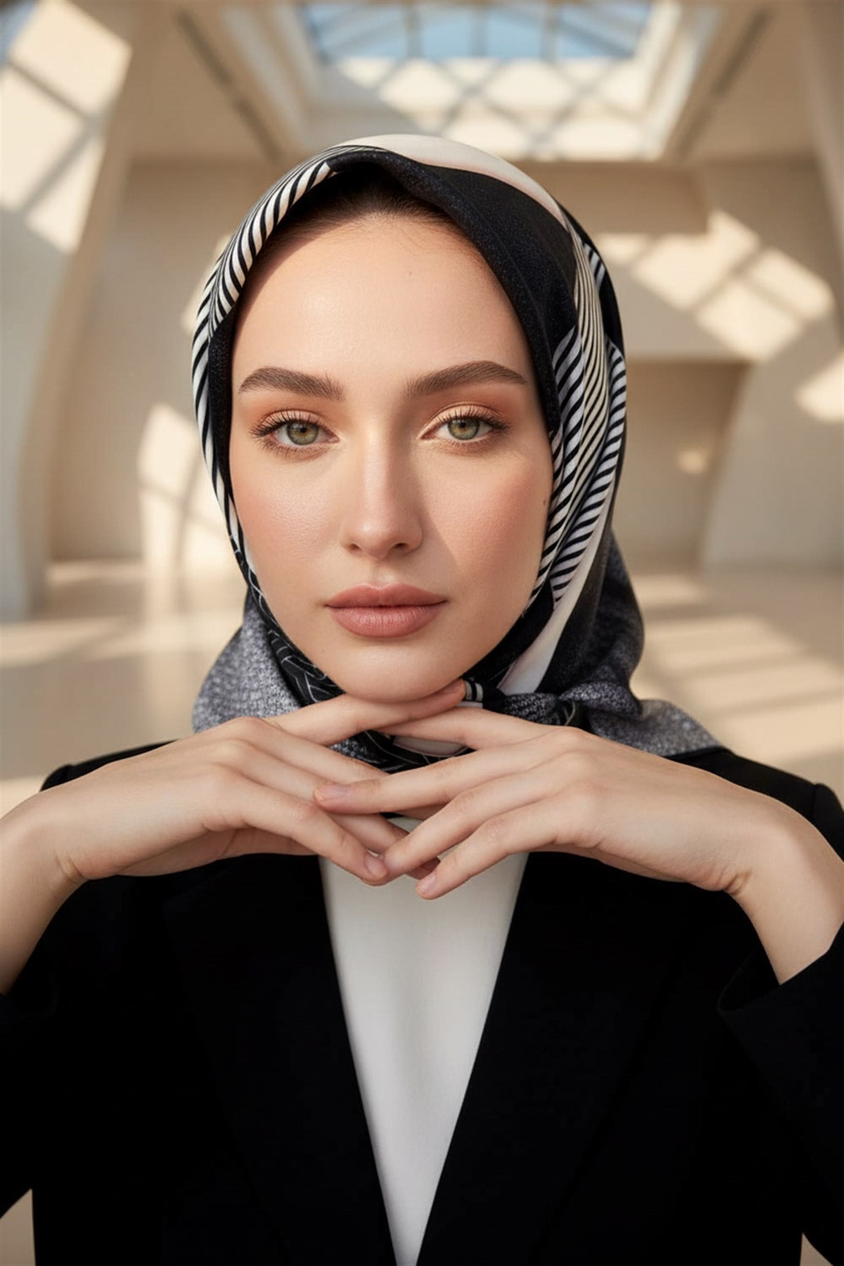 %100 Twill İpek Dokulu ve Geometrik Desenli Siyah - Kremi Renkli 90x90 Eşarp Dikim Şekli : El Dikişi